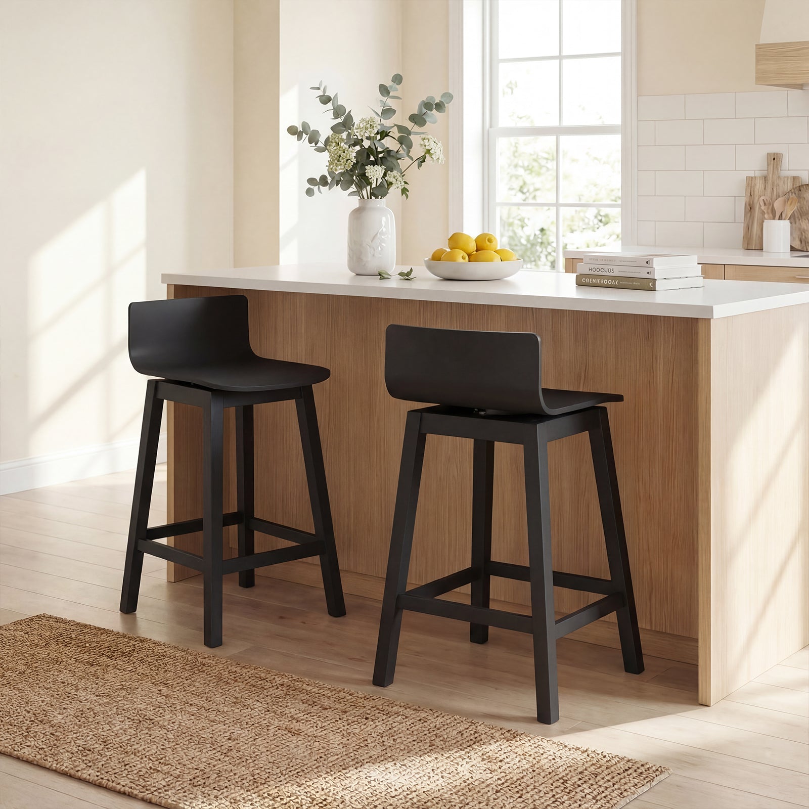 ELLEGNT 2-Pack 24.5 in Bar Stools, Counter Height with Footrest, Solid Rubberwood Legs Black