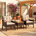 ELLEGNT 3 PCS Outdoor Rattan Set-Cushioned Chairs, Wood Armrests, Brown + Beige