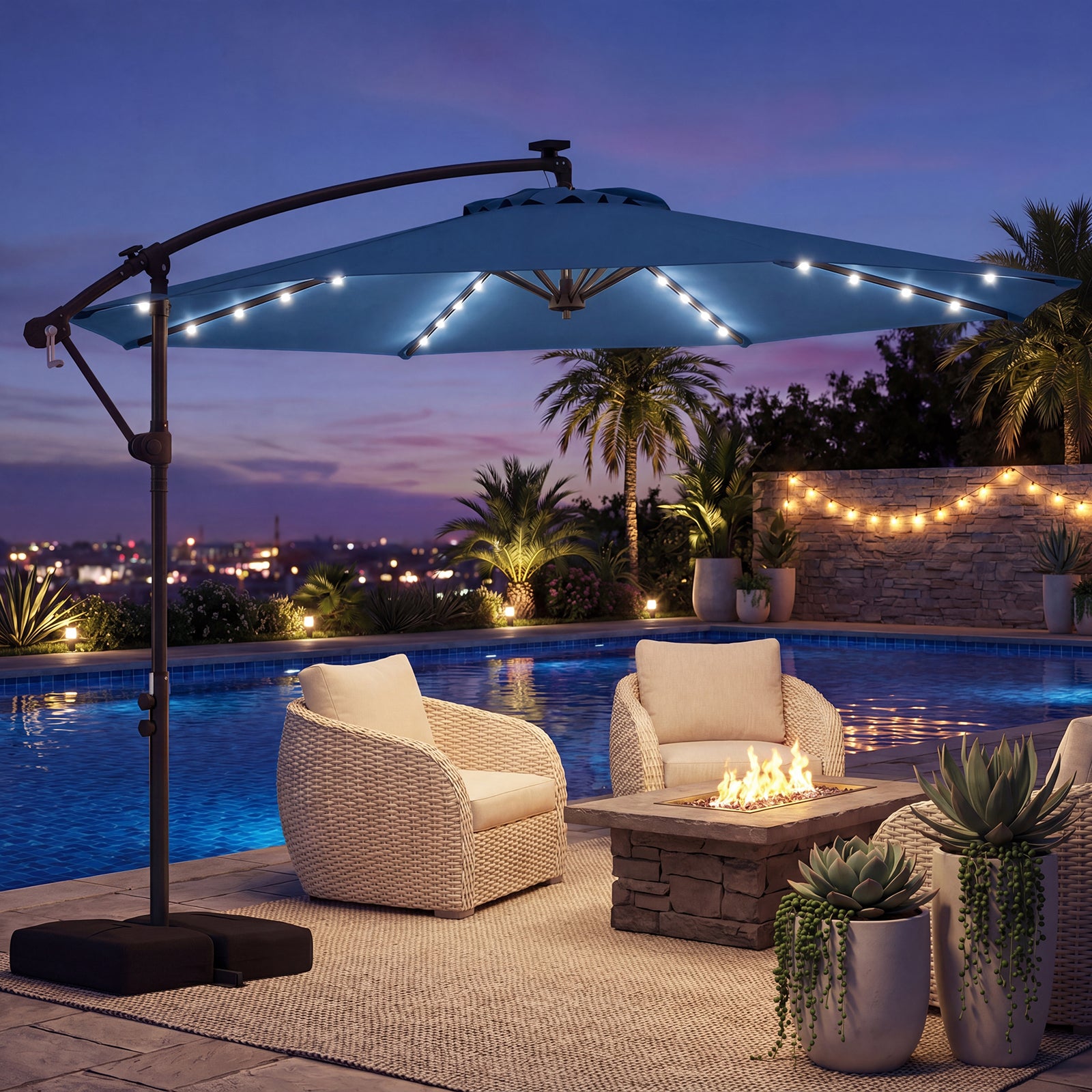ELLEGNT 10 FT Solar Cantilever Umbrella-Offset Hanging Patio Umbrella with 32 LED Lights for Outdoor Use, Navy