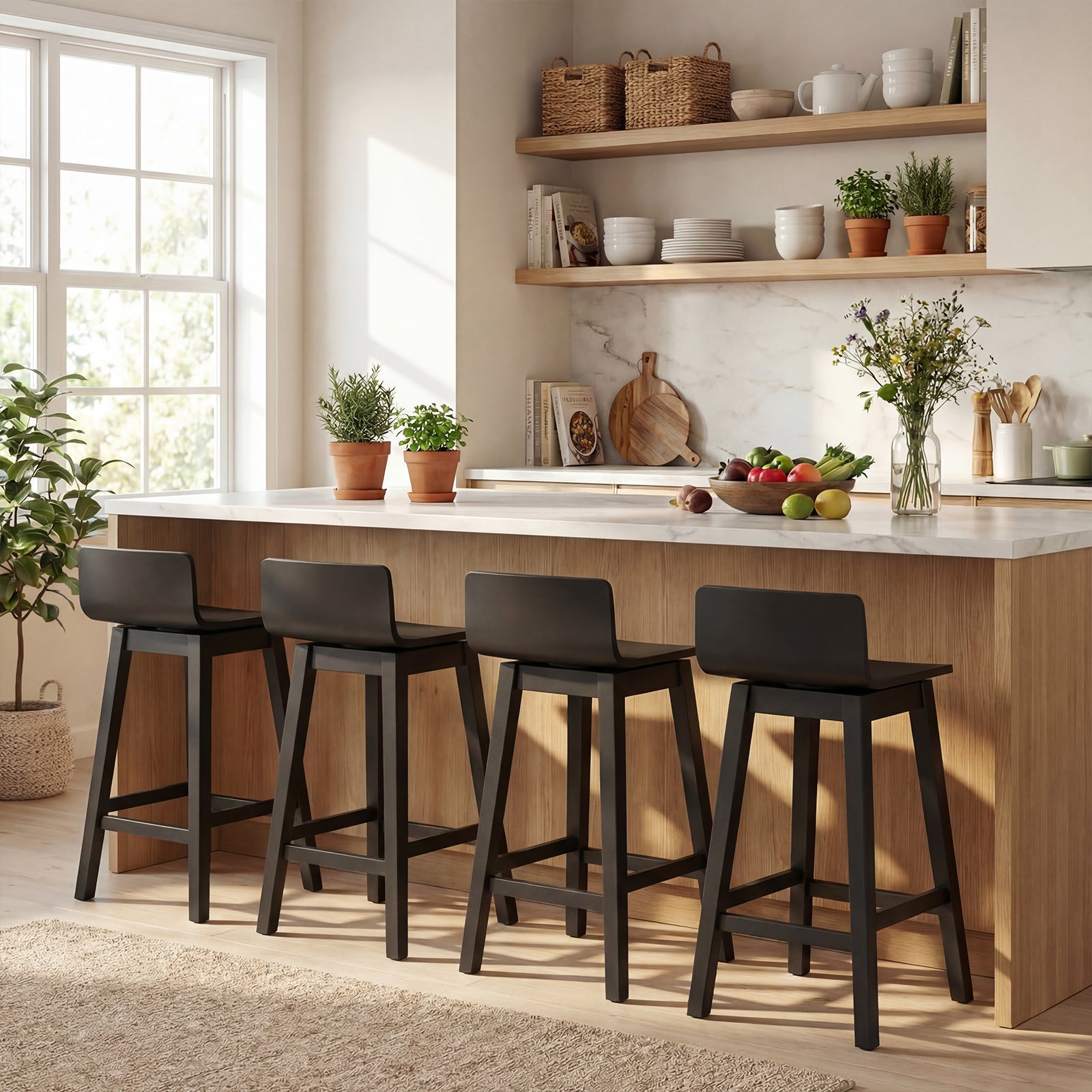ELLEGNT 4-Pack 24.5 in Bar Stools, Counter Height with Footrest, Solid Rubberwood Legs Black