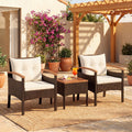 ELLEGNT 3 PCS Outdoor Rattan Set-Cushioned Chairs, Wood Armrests, Brown + White