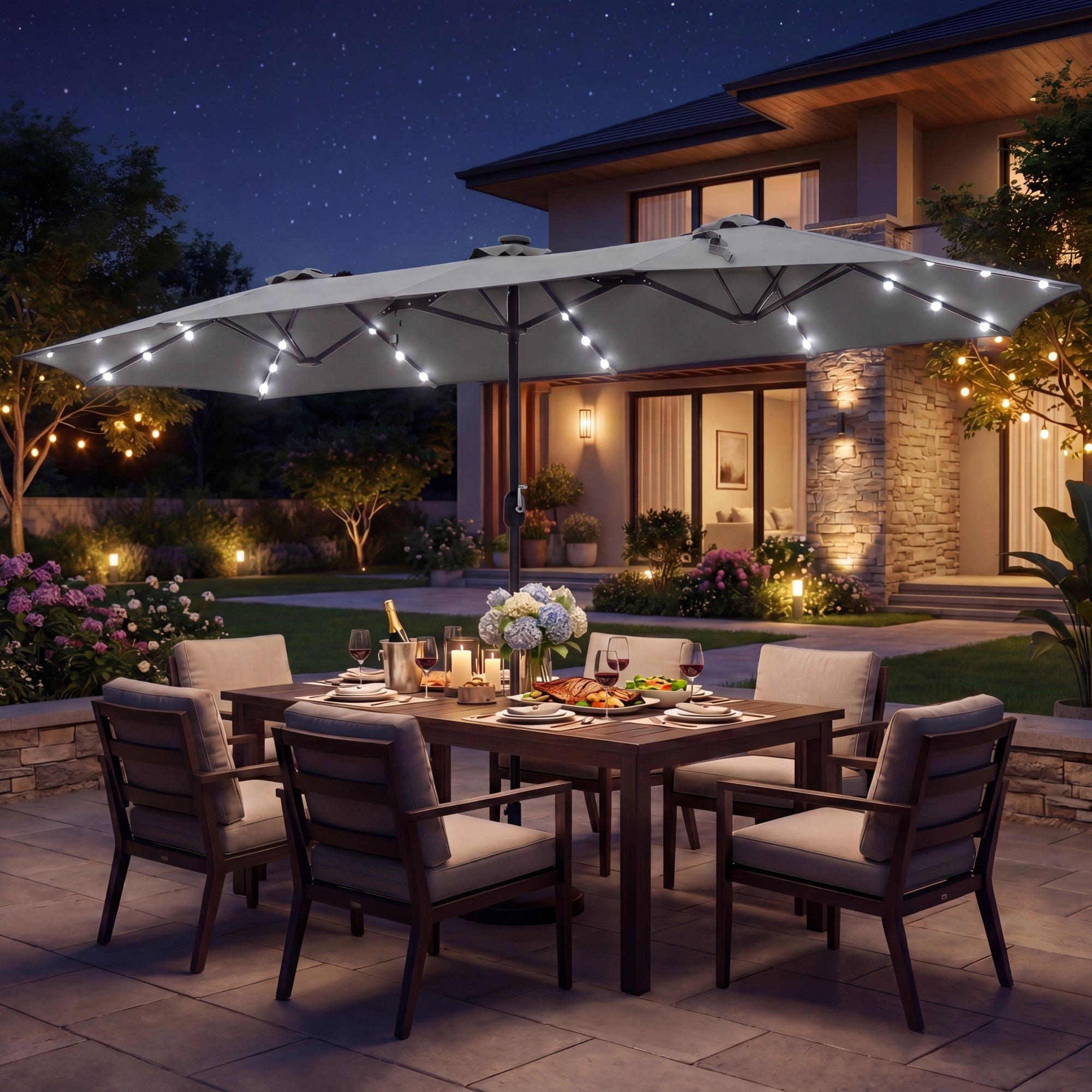 ELLEGNT 13FT Double?Sided Solar Patio Umbrella-Crank Handle and Umbrella Base Included, Gray
