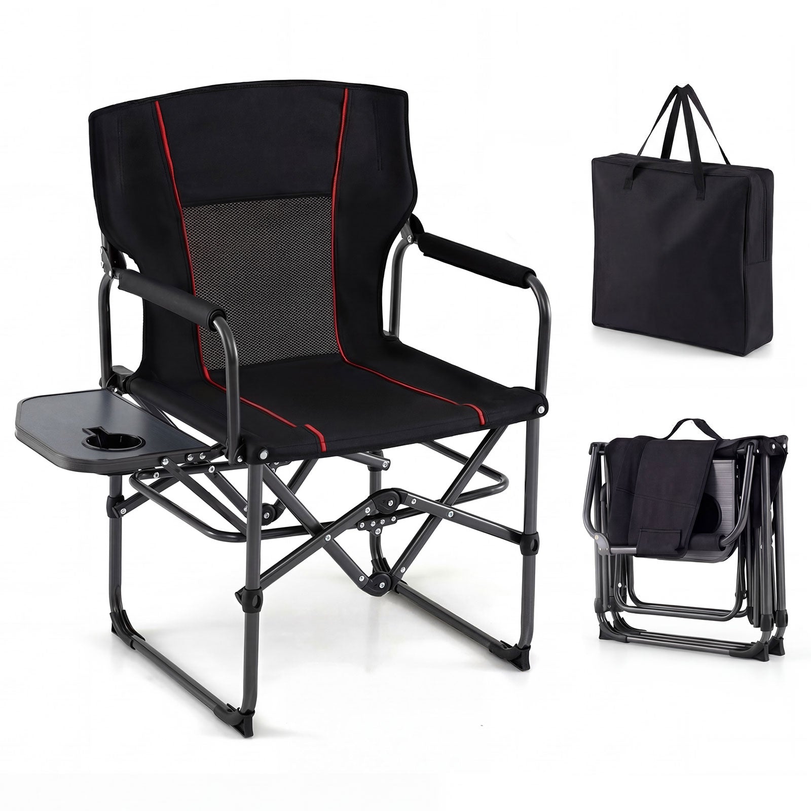 ELLEGNT 1 PCS Folding Camp Chair with Side Table and Cup Holder-Portable Outdoor Seat with Carry Bag, Black