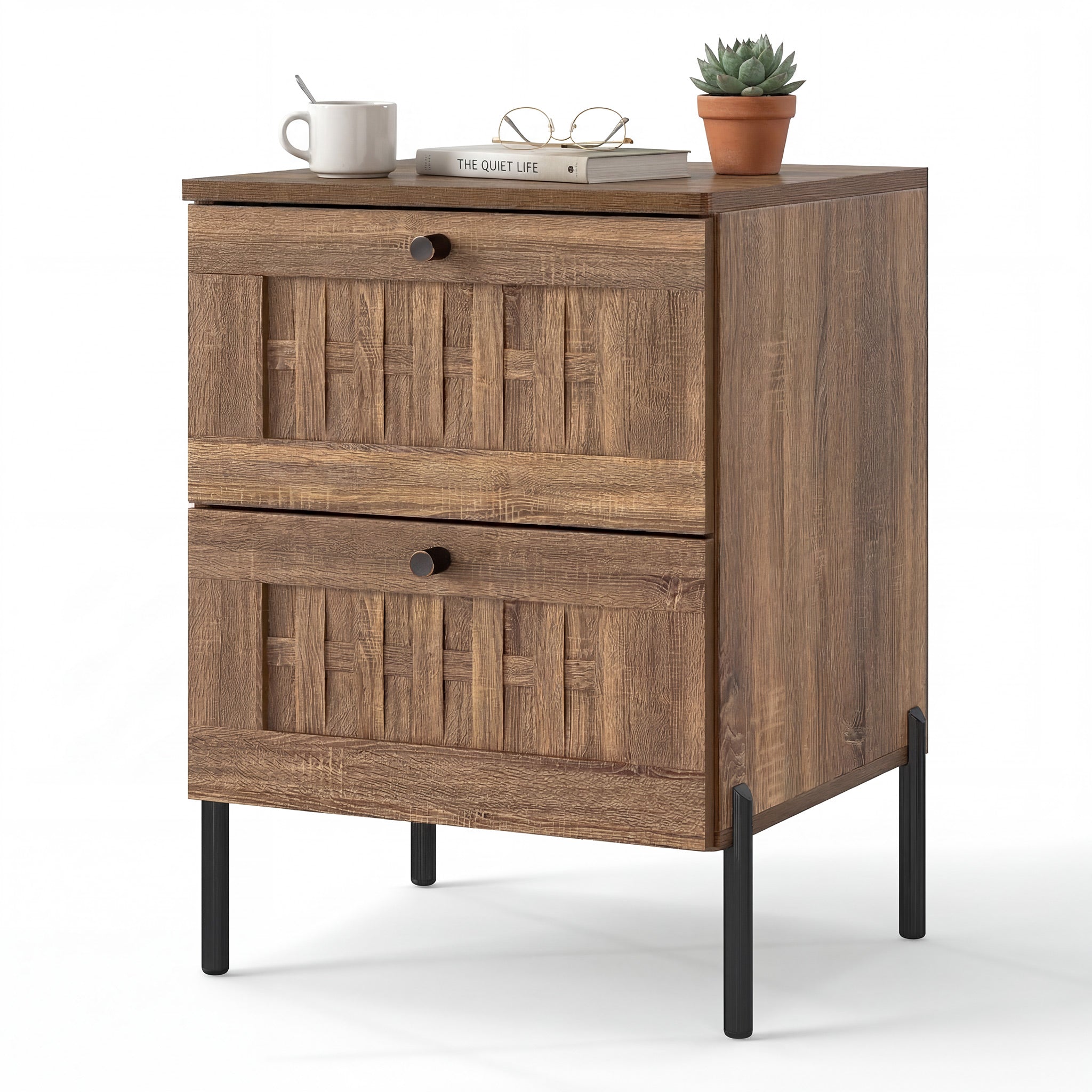 ELLEGNT 1 PCS Rustic Oak Nightstand with 2 Woven Drawers-Metal Legs Bedside End Table for Bedroom