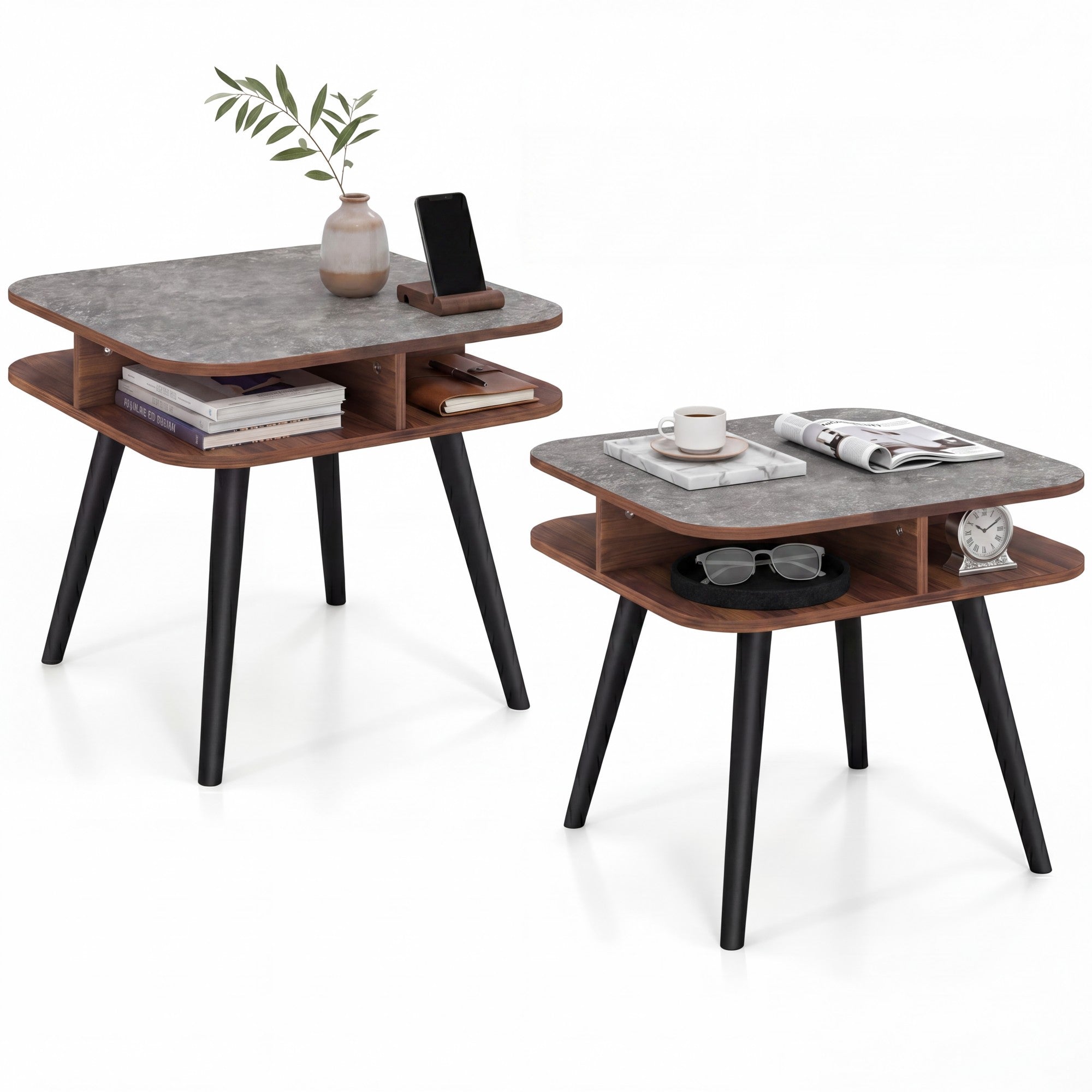 ELLEGNT 2 PCS Faux Marble End Table-with Storage Shelves and Rubber Wood Legs for Living Room, Gray + Walnut + Black
