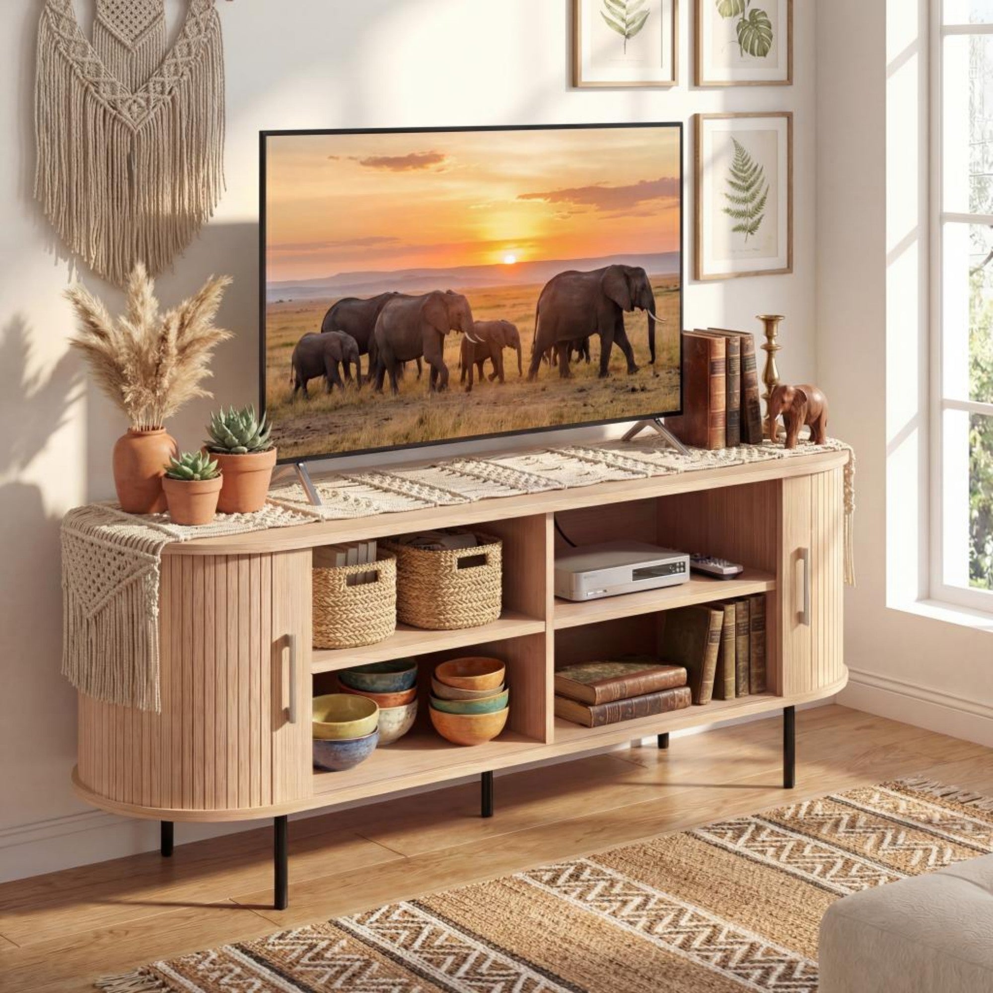 ELLEGNT Mid Century Fluted TV Stand-Curved Entertainment Center for TVs up to 60 in, Natural