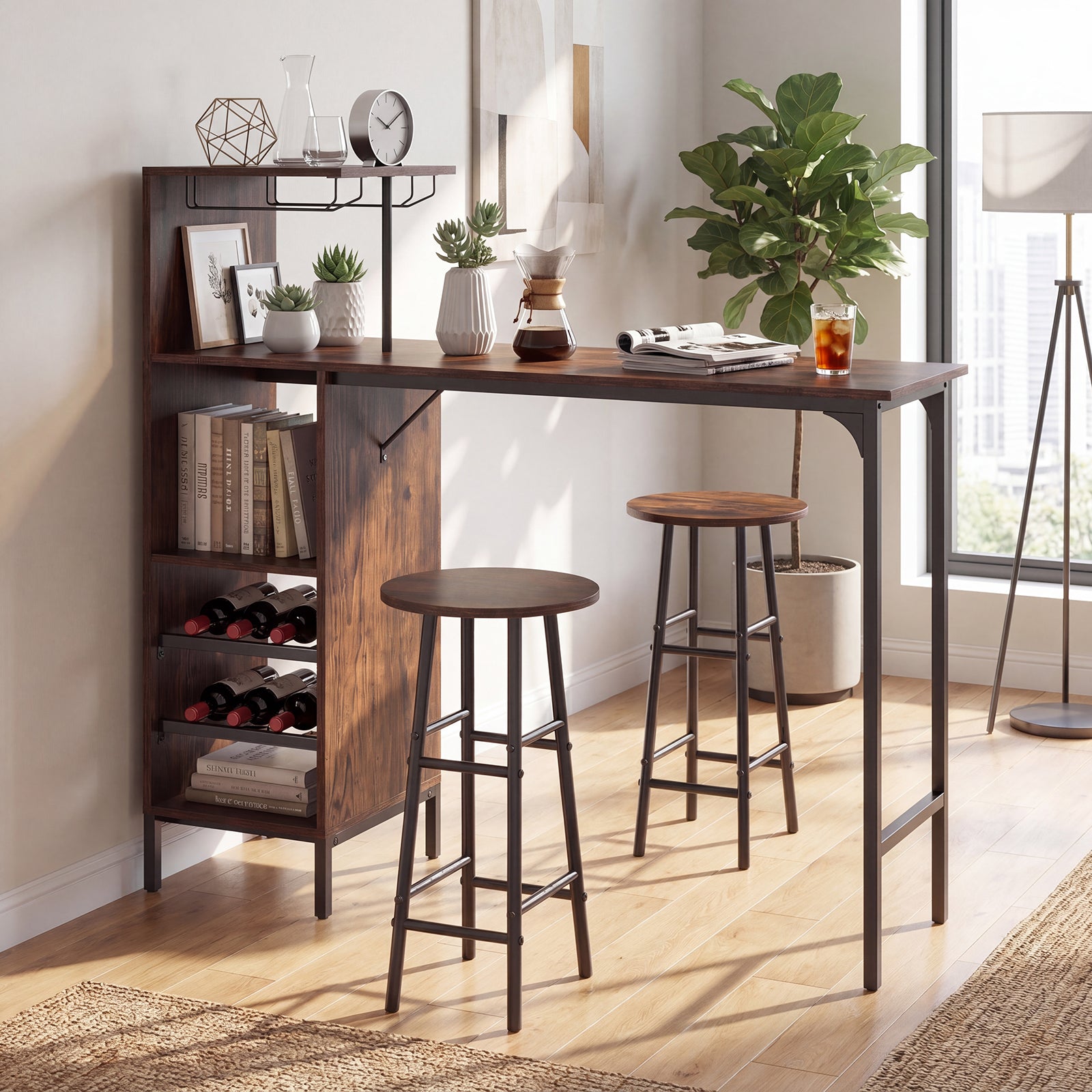 ELLEGNT 3 PCS Industrial Bar Table and Chairs Set Pub Table and Stools, Includes Bottle Wine Rack, Brown