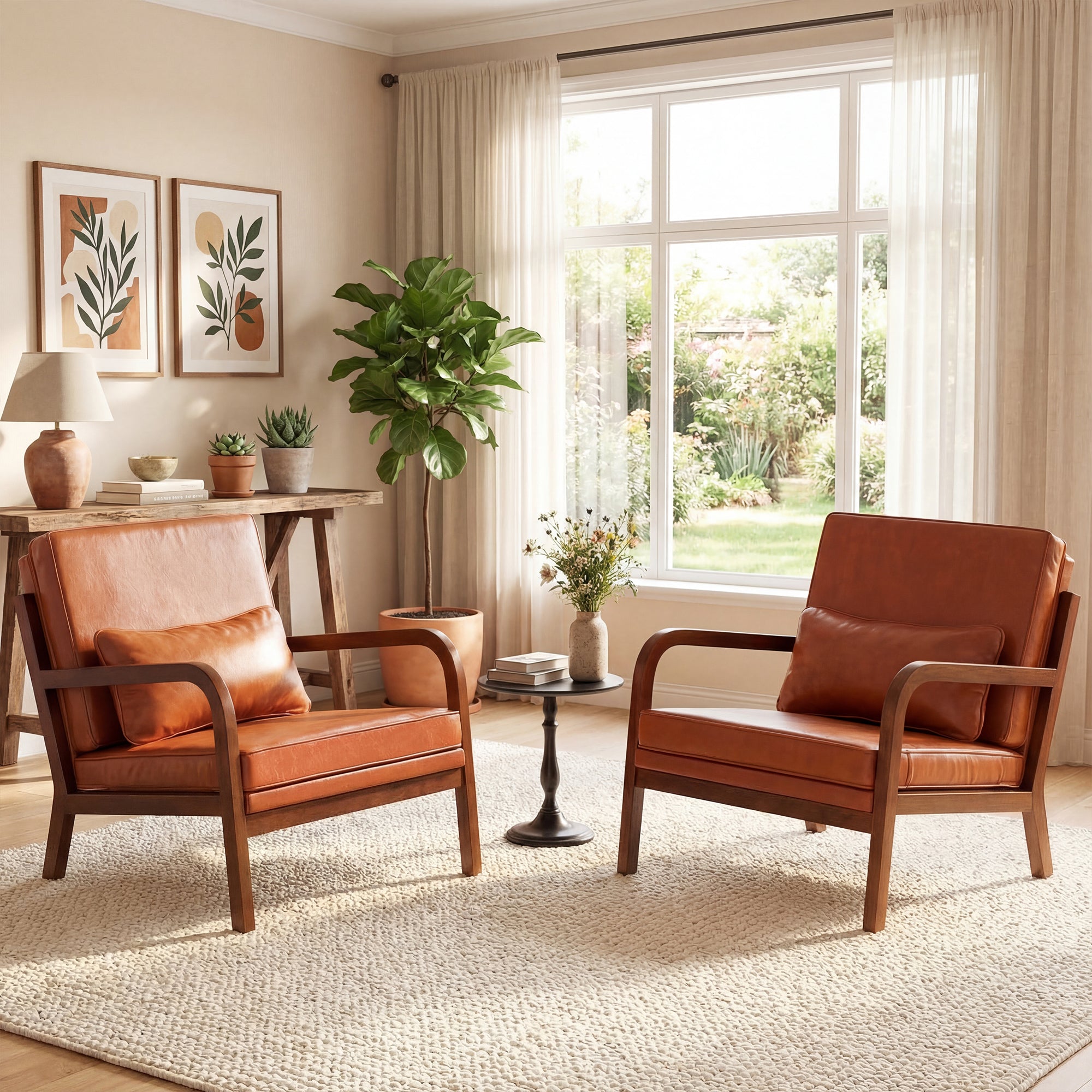 ELLEGNT 2 PCS Faux Leather Accent Armchair with Lumbar Pillow-Upholstered Chair with Removable Back Brown