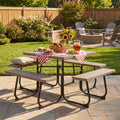 ELLEGNT Square Picnic Table for 8-Outdoor Bench Set with 4 Benches and Umbrella Hole, Brown