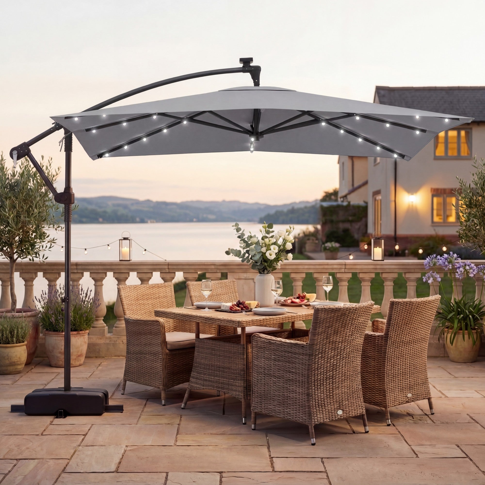 ELLEGNT 8 x 8 FT  Solar LED Cantilever Umbrella-Square Offset Hanging Patio Umbrella for Outdoor, Gray