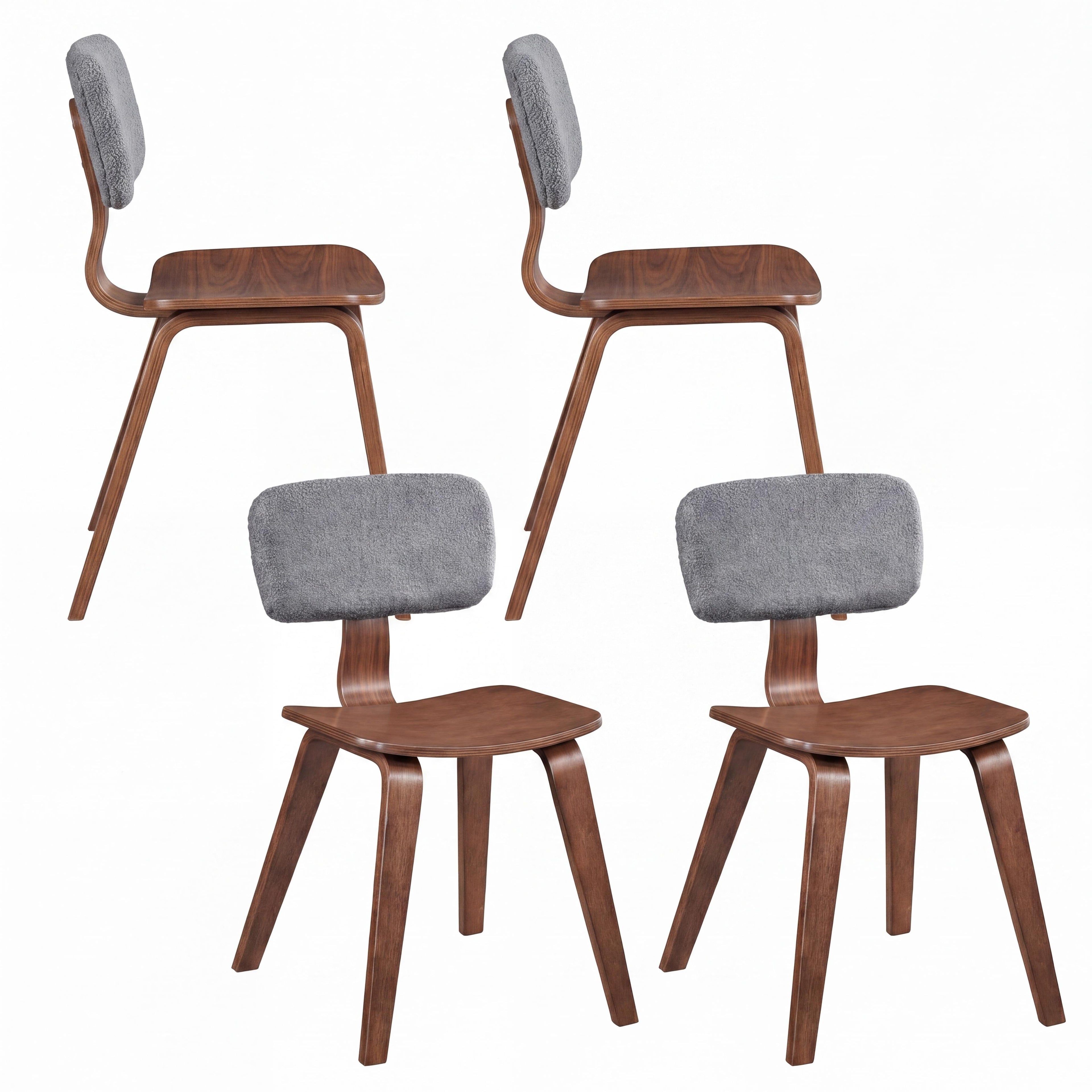 ELLEGNT Set of 4 Teddy Velvet Dining Chairs, with Ergonomic Seat and Padded Backrest for Kitchen Gray and Walnut