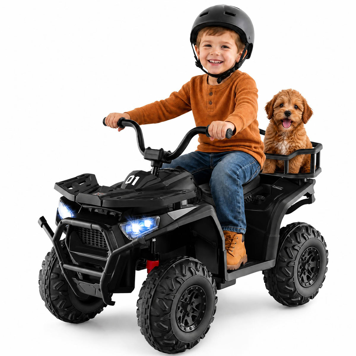 ELLEGNT 24V Kids Ride On ATV 4 Wheeler Quad Car with Suspension LED Lights USB Ages 3+, Black