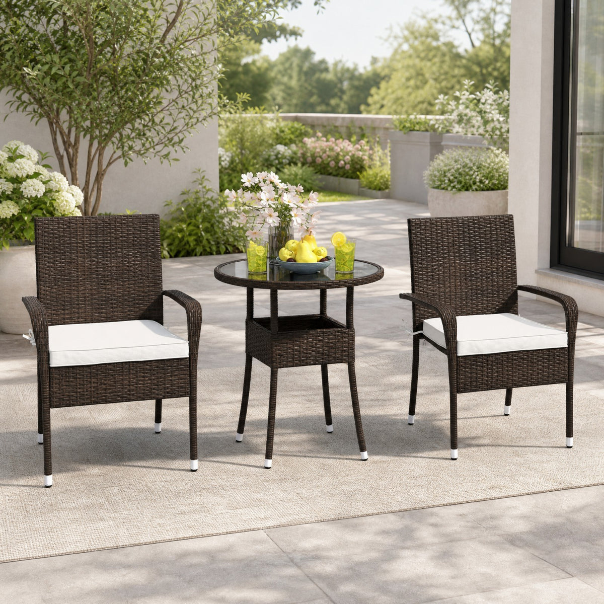 ELLEGNT 3 PCS Patio Furniture Set, PE Rattan Chairs with Tempered Glass Table, Soft Cushions, Metal Frame, Outdoor Conversation Set for Porch, Garden, Poolside & Backyard