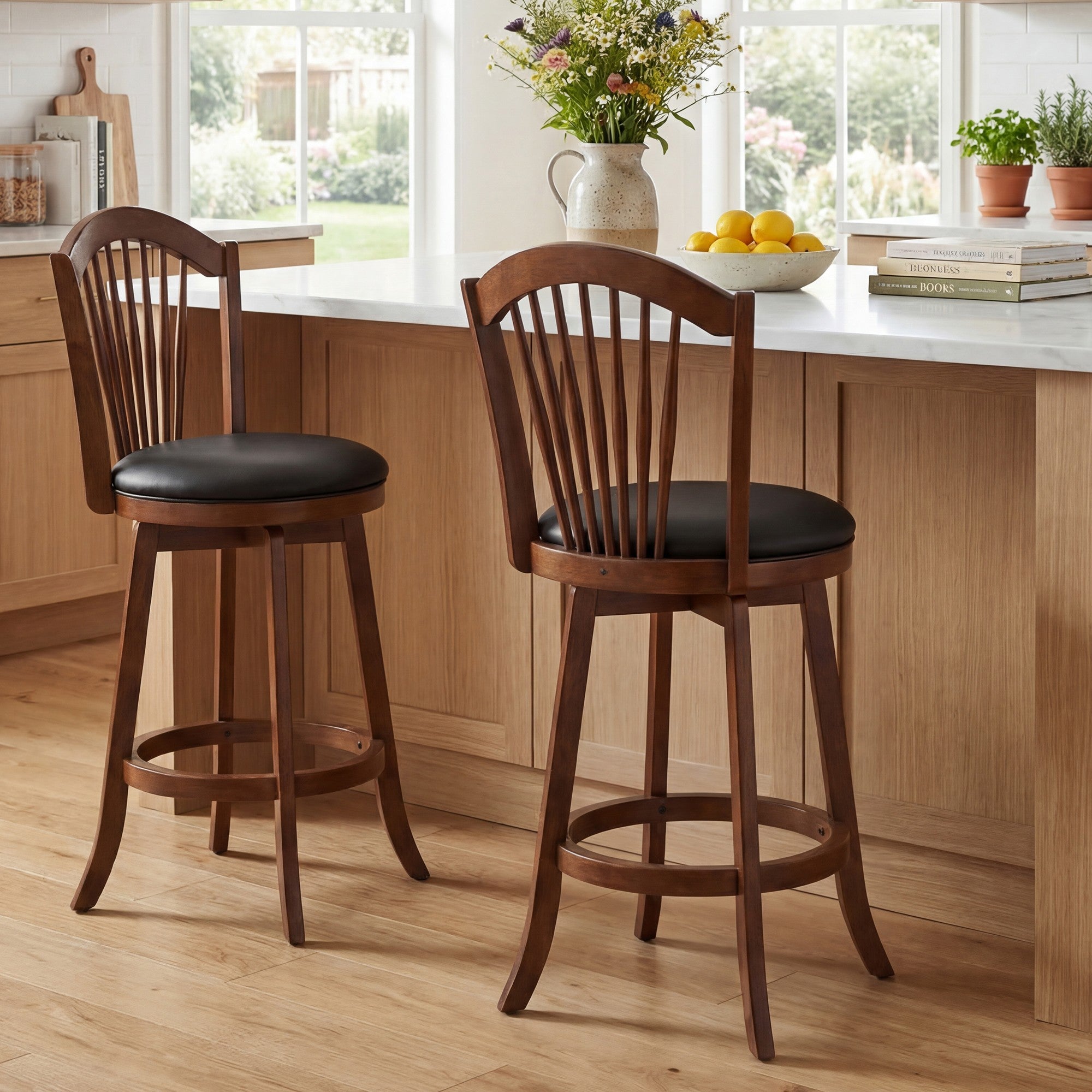 ELLEGNT 31 in Swivel Bar Stools Set of 2 with Backrests-Counter Height Barstools with Wood Frame for Kitchen Island Brown