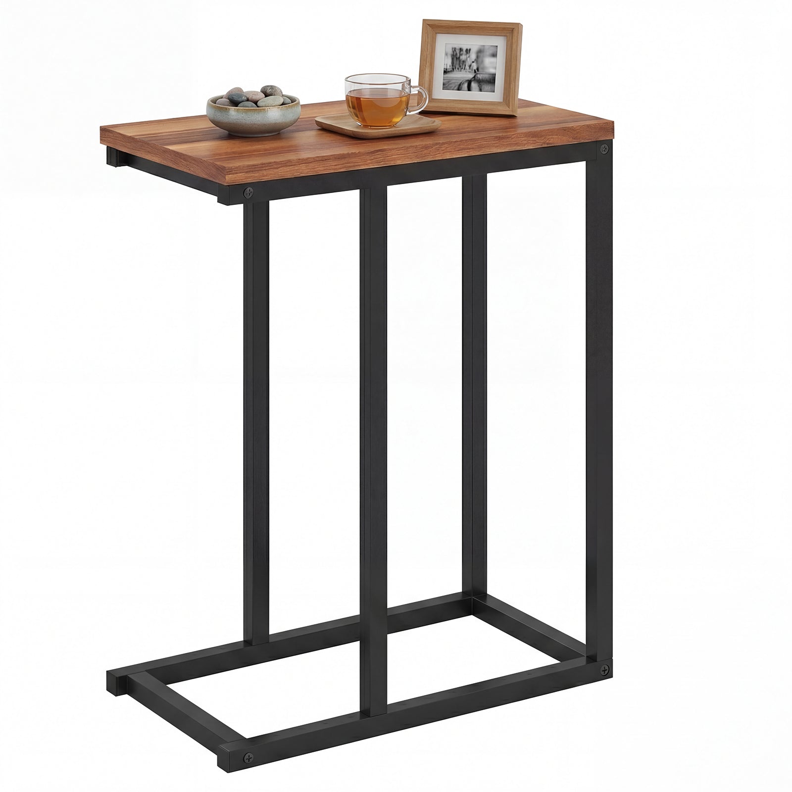 ELLEGNT 1 PCS C-Shaped End Table with Adjustable Foot Pads-Small Snack Side Table for Living Room, Couch, or Bedroom Rustic Brown
