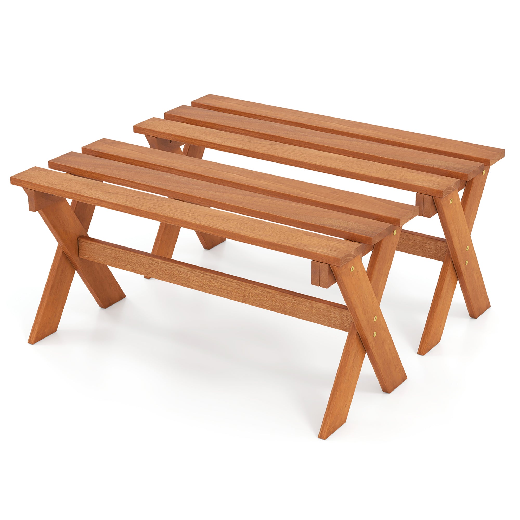 ELLEGNT 2 PCS 36 in Solid Wood Backless Bench, Teak Oil Finish and Slatted Seat, Farmhouse Style for Patio,Garden,Entryway,Mudroom