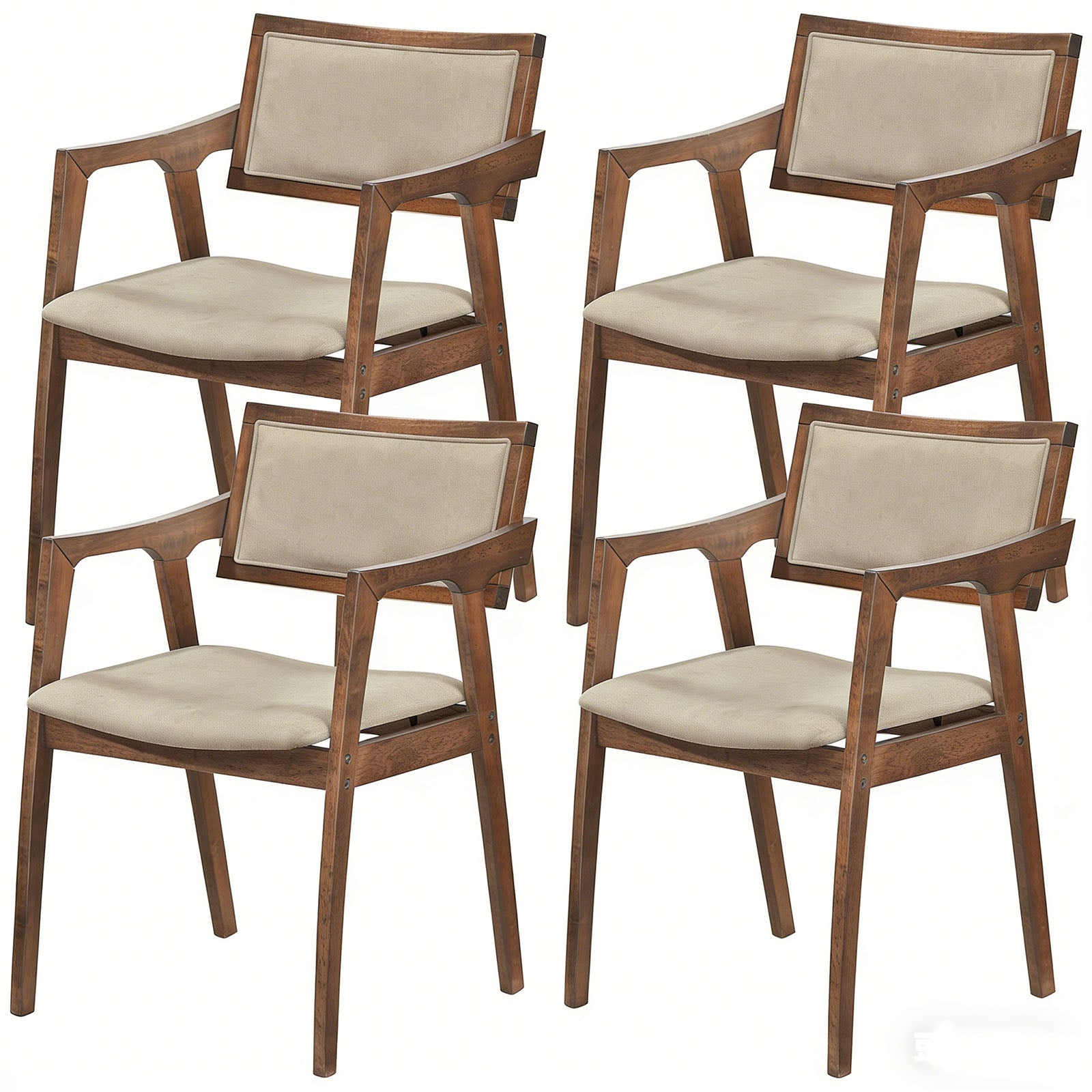 ELLEGNT 4 PCS Rubber Wood Dining Chairs with Arms-Curved Back and Seat, Upholstered Armchairs for Home Dark Beige