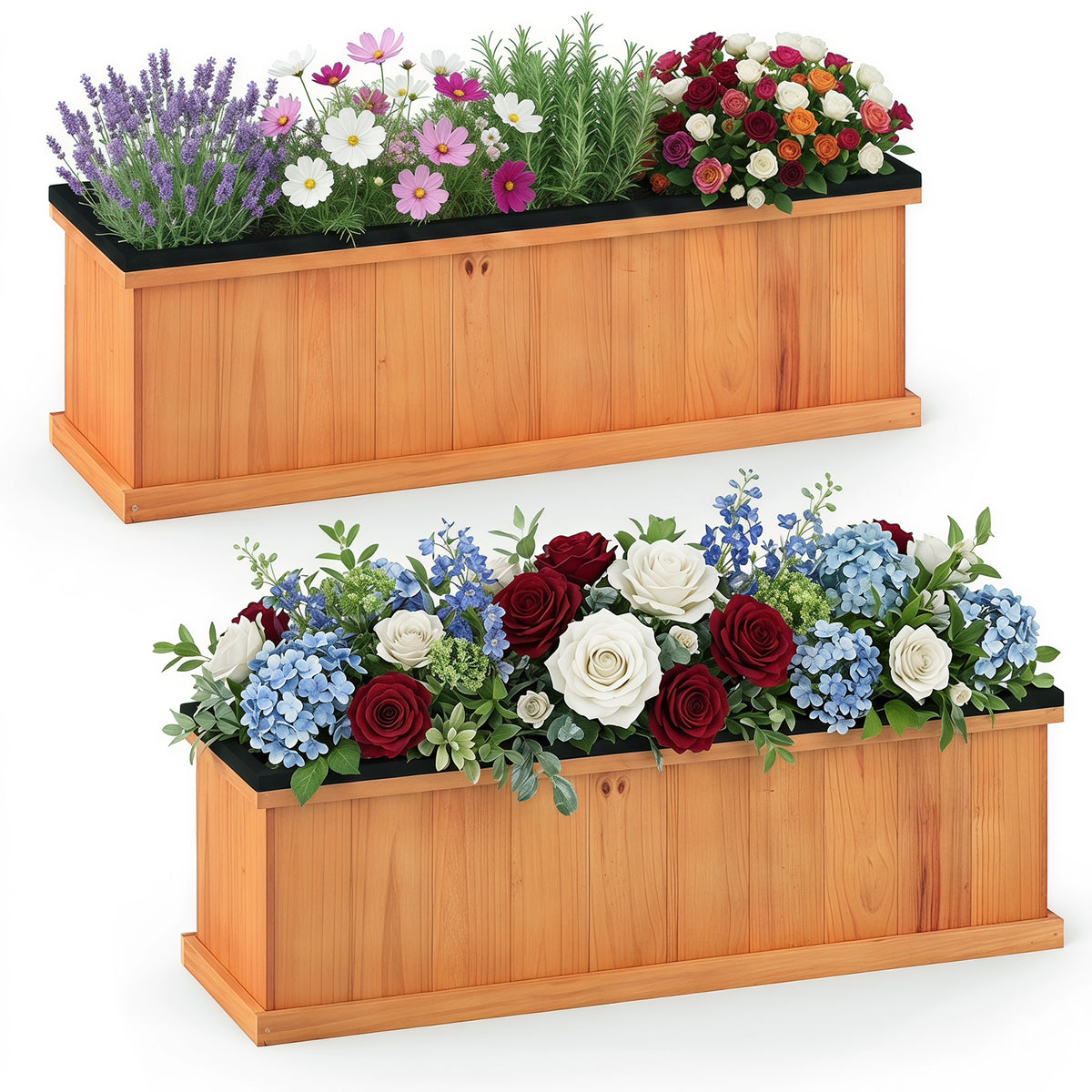 ELLEGNT 2 PCS Wood Raised Garden Bed for Growing Flowers Vegetables Herbs, Rectangular Planter Box with Drainage Holes & Liner, Outdoor Gardening Kit for Patio Backyard Balcony, 40" x 13" x 12"
