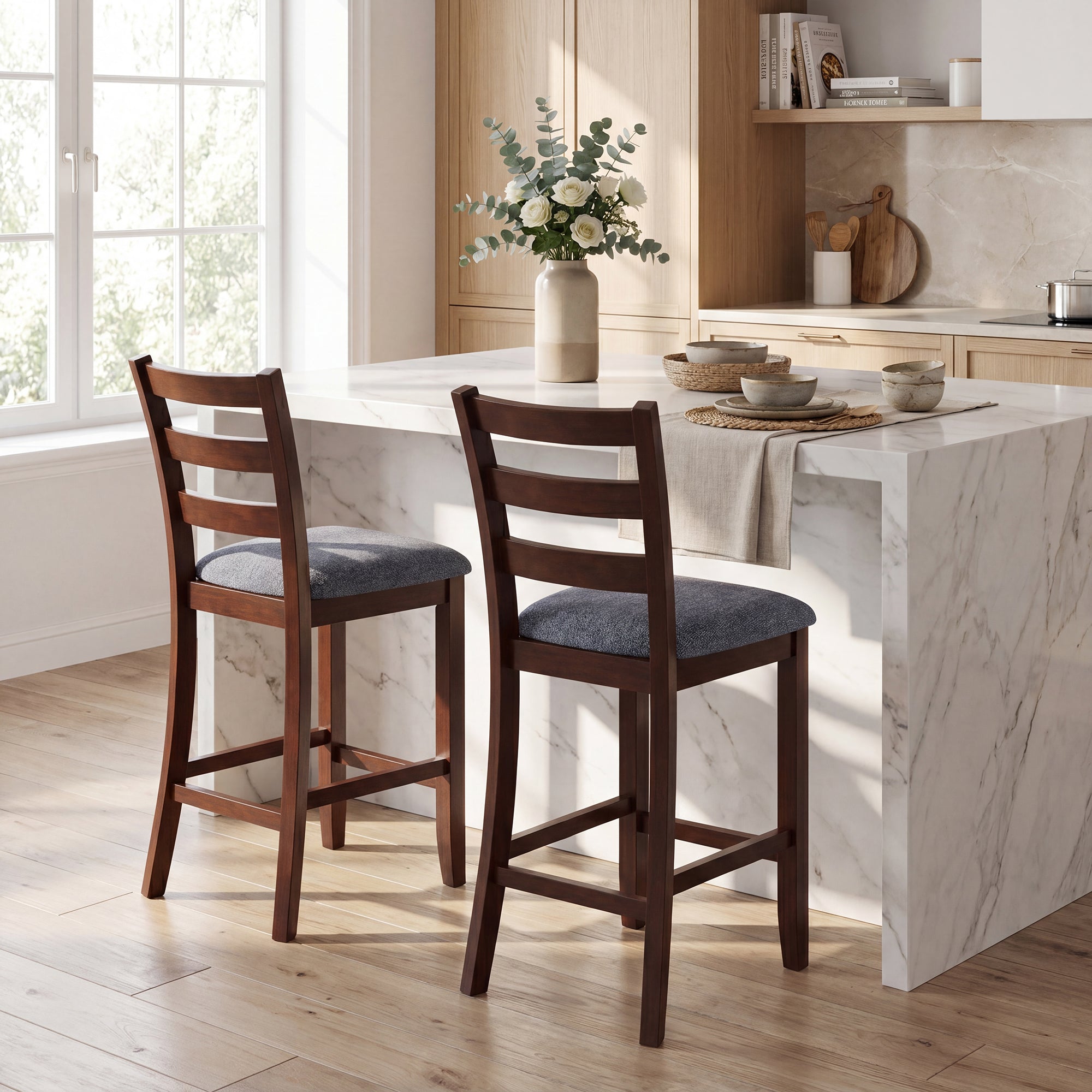 ELLEGNT 2 PCS Counter Height Barstools-Rubber Wood Legs, Fabric Upholstered Seat for Home Bar or Kitchen, Brown + Gray