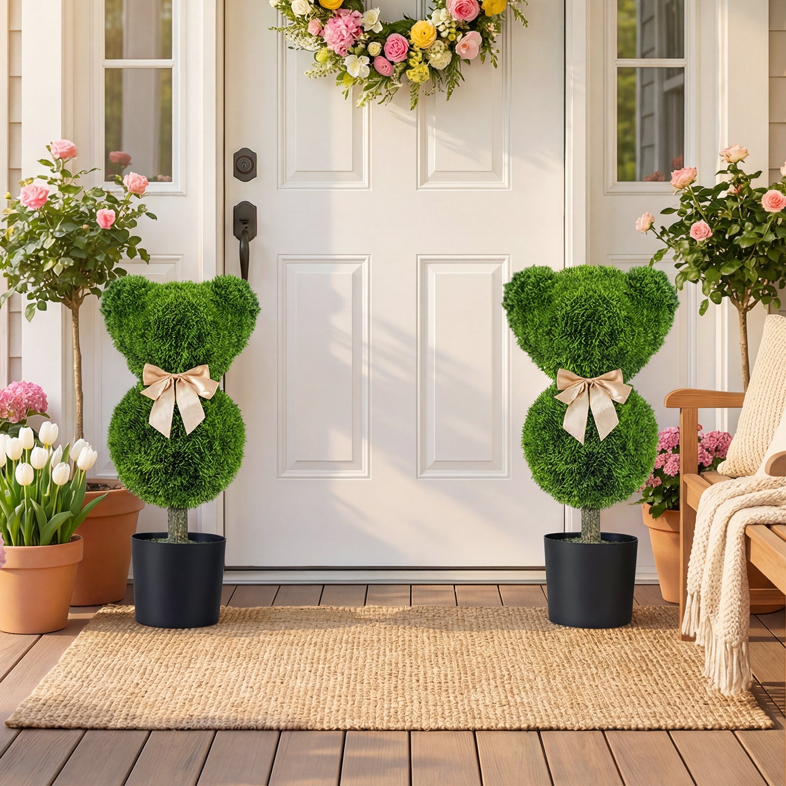 ELLEGNT 2 PCS Bear?Shaped Topiary Trees-Sun?Resistant Faux Boxwood Plants with Pots