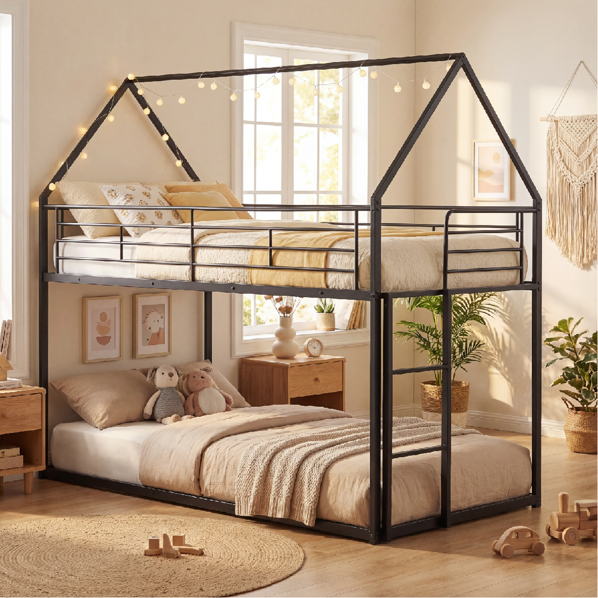 ELLEGNT Twin Over Twin Metal Bunk Bed with Roof and Ladder, Black