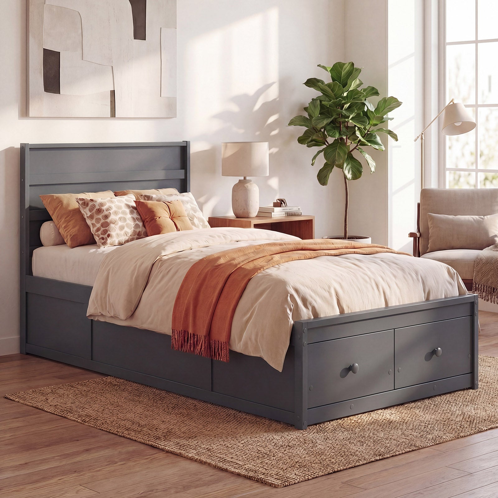 ELLEGNT Bed Frame Twin Size, Wooden Slat Support, Headboard and Storage Drawers,  Gray