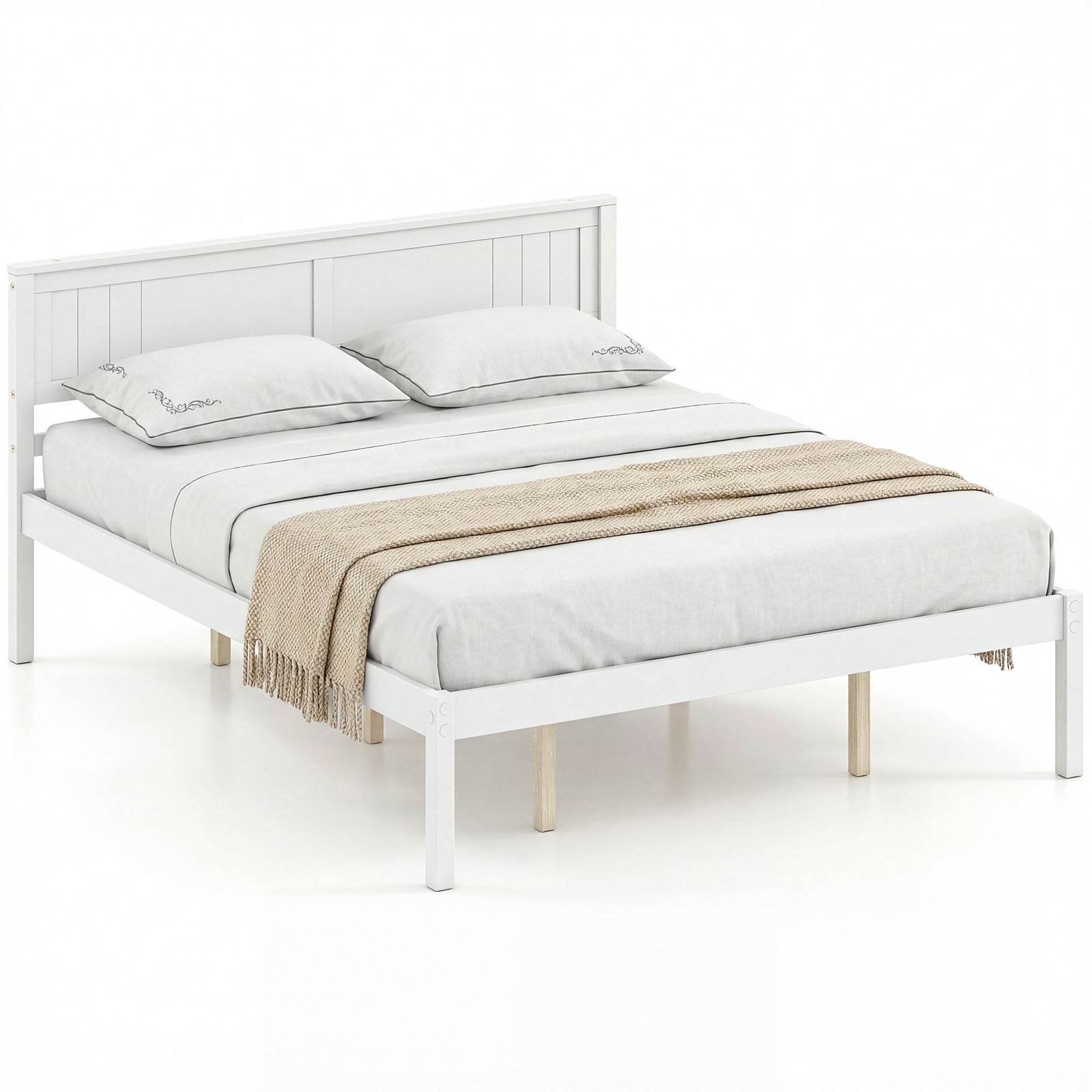 ELLEGNT Queen Size  Wooden Bed Frame with Headboard-White Platform Mattress Foundation