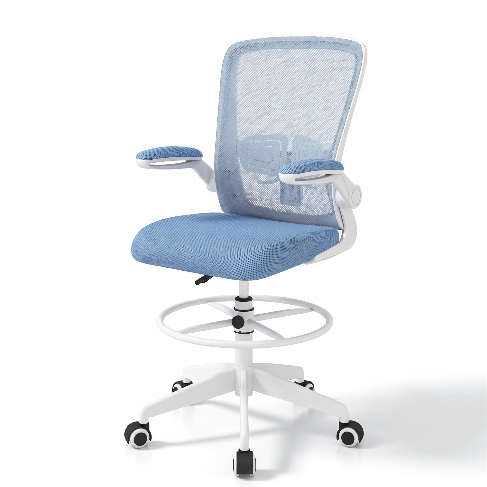 ELLEGNT 1 PCS Home Office Drafting Chair with Adjustable Footrest and Flip-Up Armrests , Ergonomic Stool for Study or Desk Work Blue