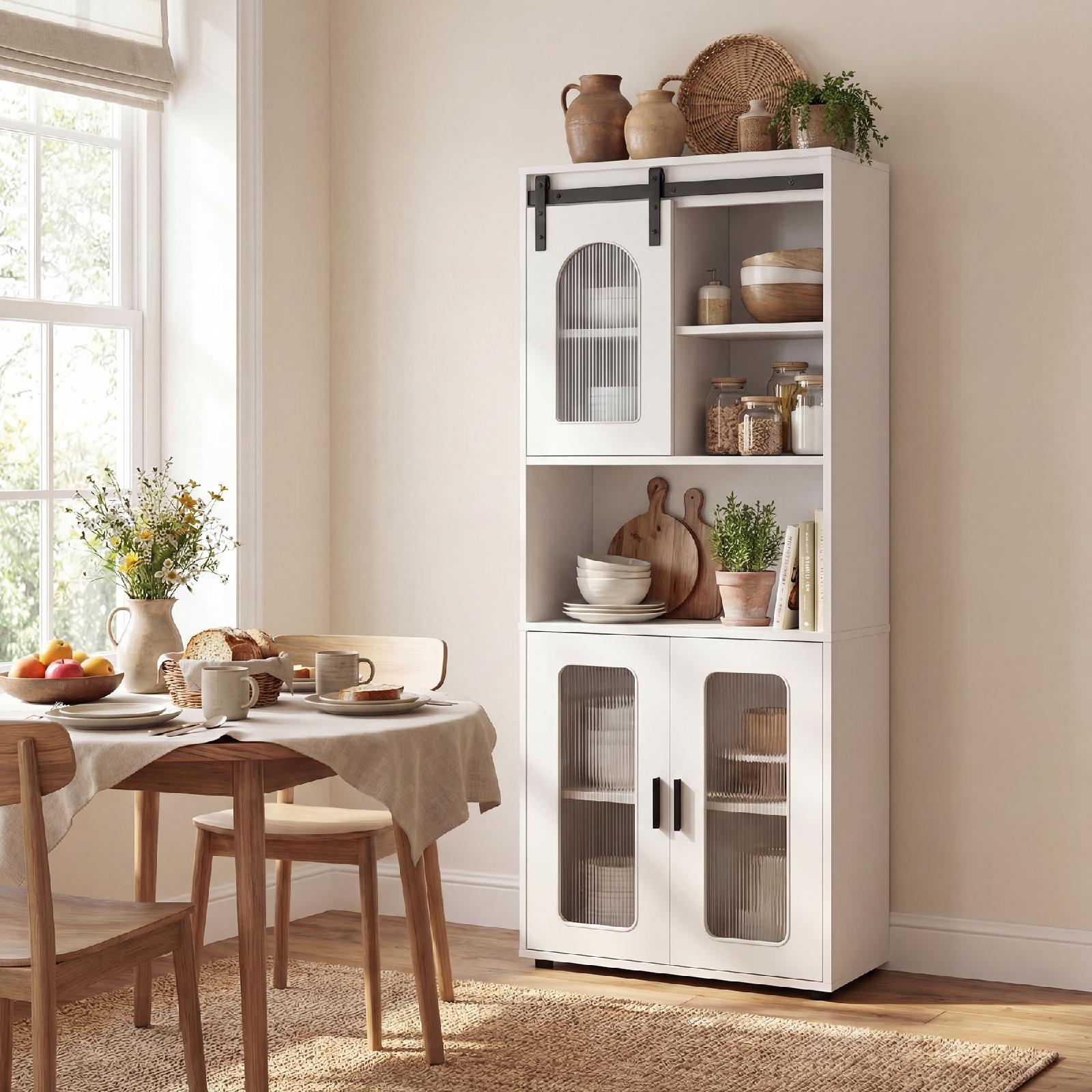 ELLEGNT Sliding Barn Door Linen Cabinet-59 inH Farmhouse Freestanding Storage with Shelves, for Bathroom, Kitchen, Entryway, White