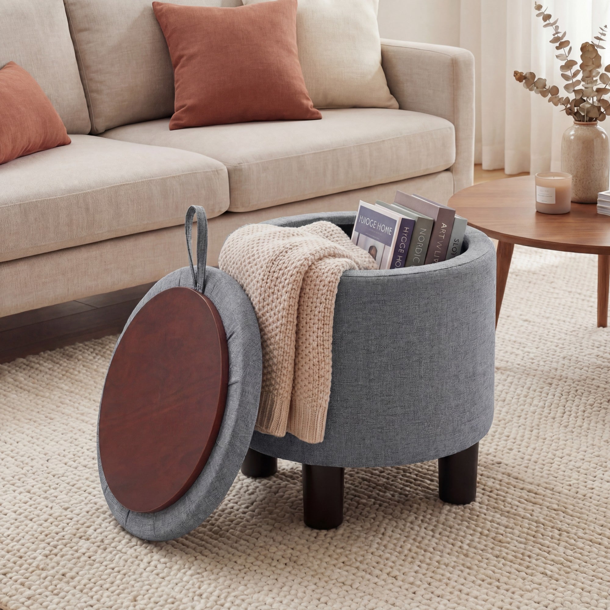 ELLEGNT Round Ottoman with Storage-Removable Lid, Linen Fabric Footrest Stool for Living Room, Bedroom Gray
