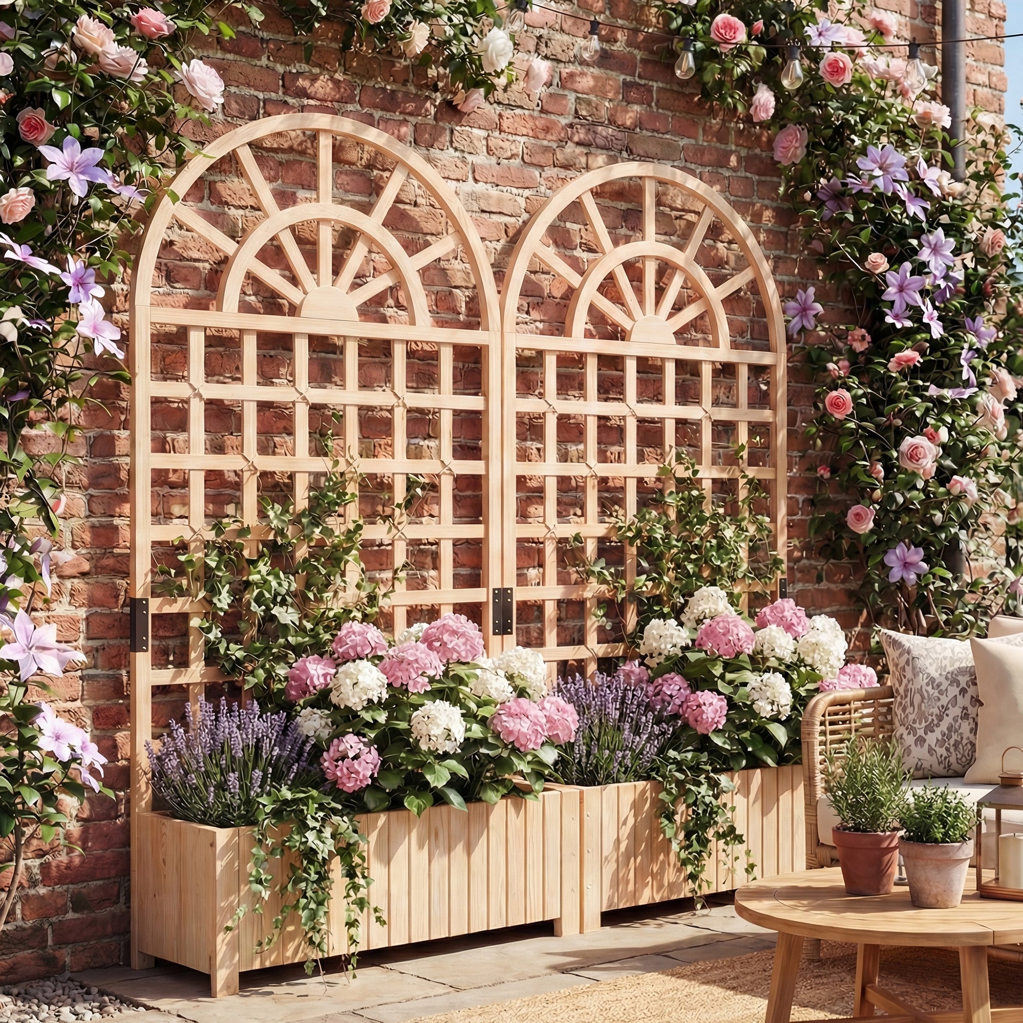ELLEGNT 2 PCS Wooden Raised Garden Bed with Trellis-71 in Planter Box, Drainage Holes Natural