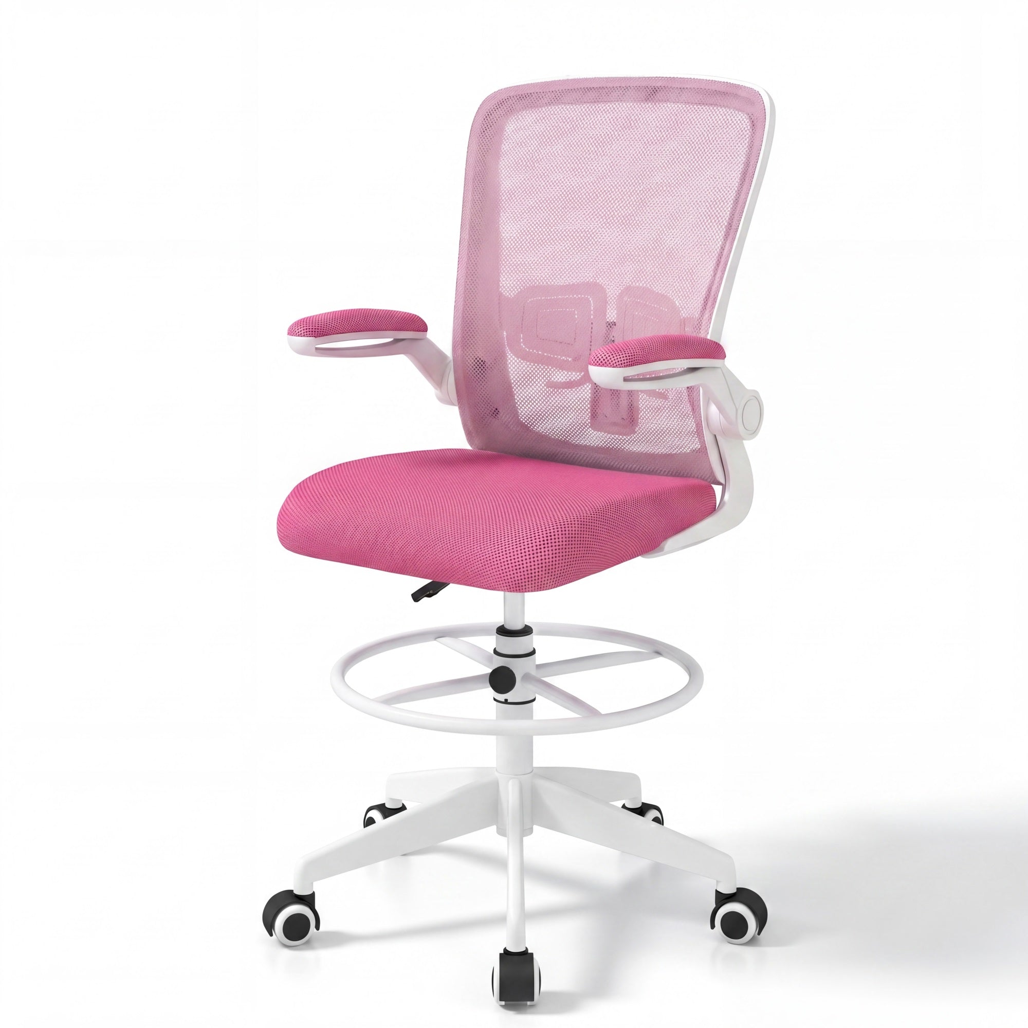 ELLEGNT 1 PCS Home Office Drafting Chair with Adjustable Footrest and Flip-Up Armrests , Ergonomic Stool for Study or Desk Work Pink