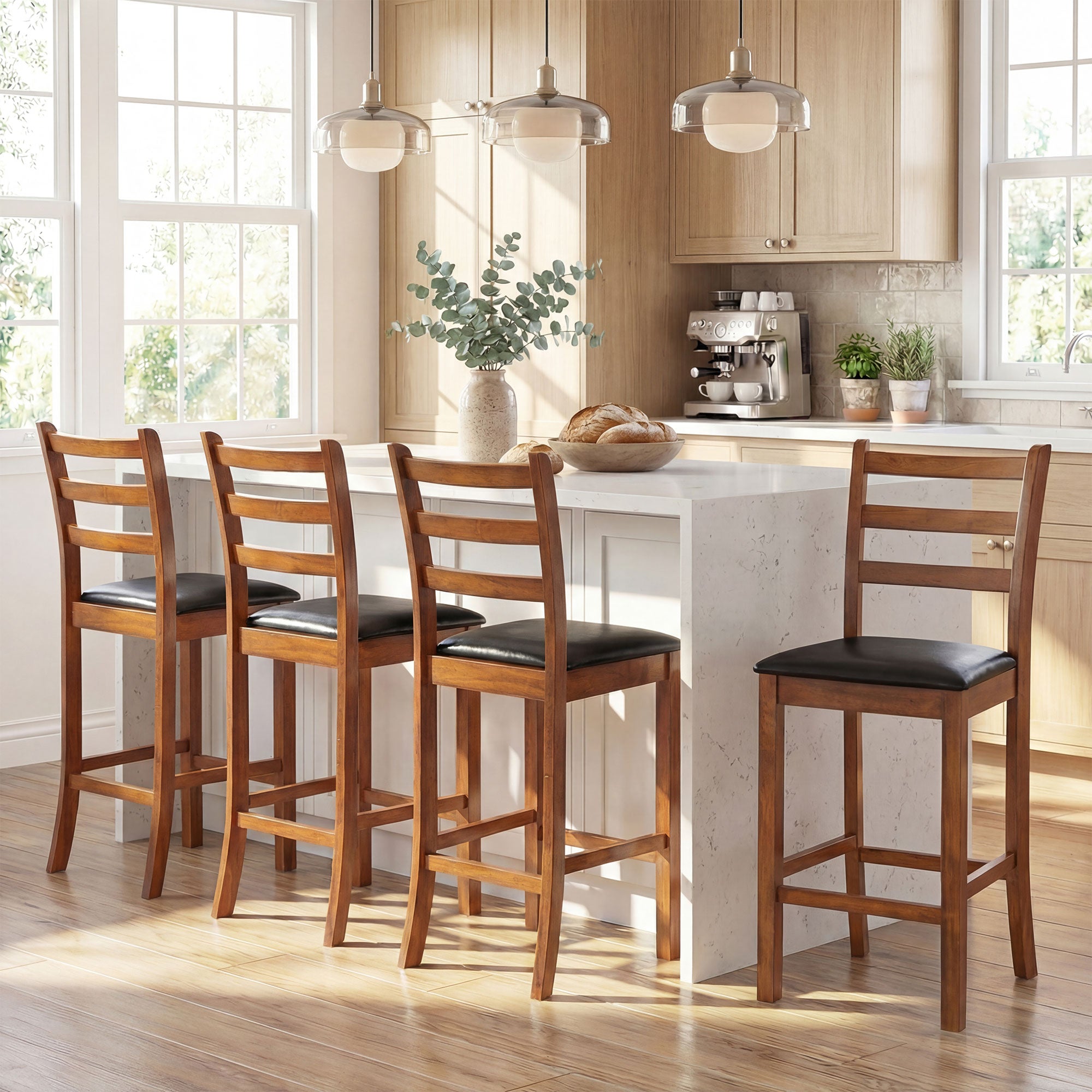 ELLEGNT 4 PCS 24 in Rubber Wood Ladder Back Bar StoolsUphols,tered Seat,Walnut + Black