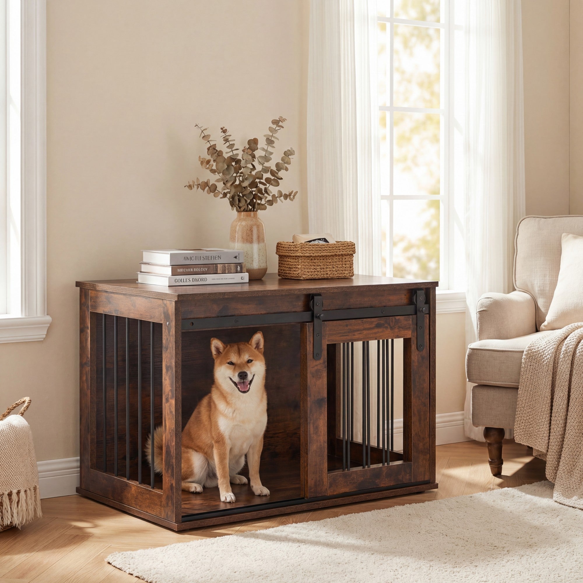 ELLEGNT Sliding Barn Door Dog Crate-Heavy Duty Metal Frame Wooden Kennel, 31.5 in Decorative End Table for Small and Medium Dogs, Rustic Brown