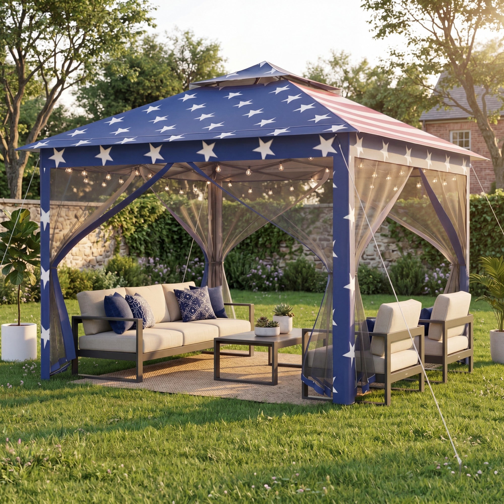 ELLEGNT Pop?Up Gazebo with Vented Top and Drainage Holes-11'x11' Mesh Netting Sidewalls, American Flag