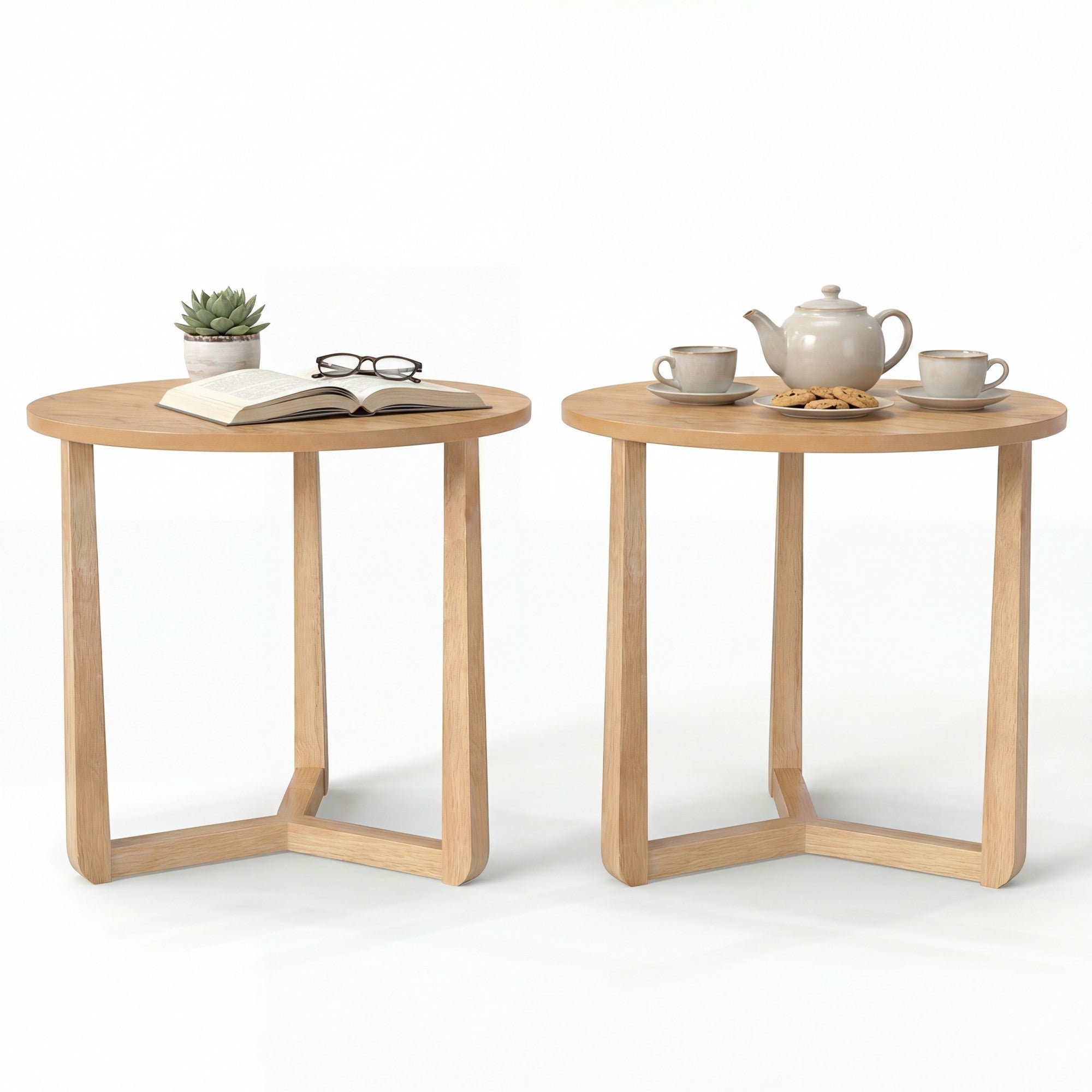ELLEGNT 2 PCS Rubber Wood Round Side Table-Triangular Support End Table for Bedroom, Living Room, or Small Space Natural