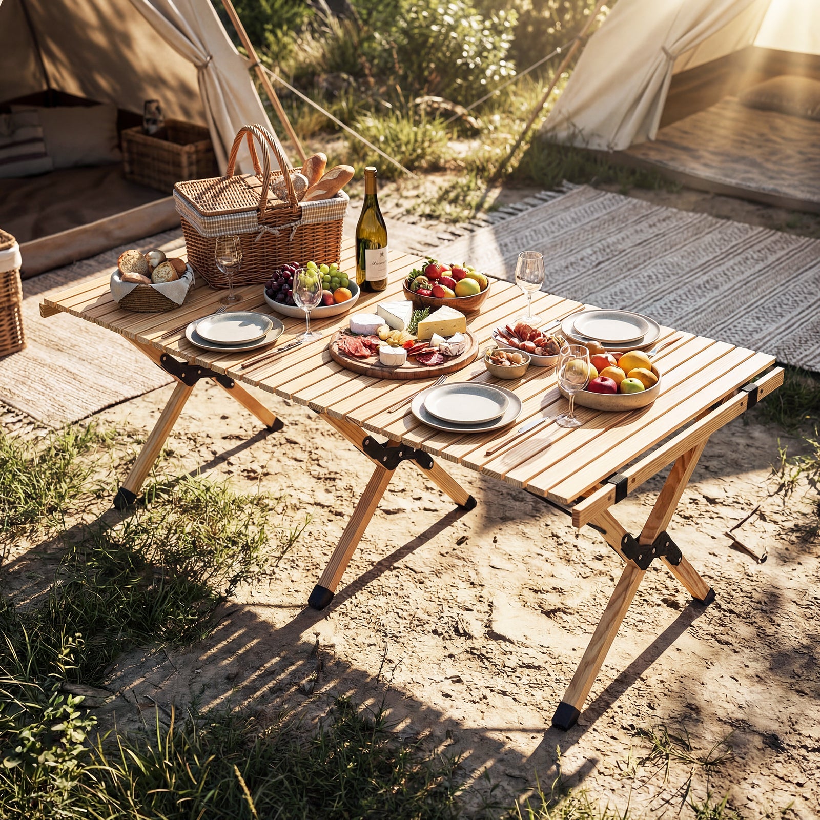 ELLEGNT Roll-Up Pine Wood Camping Table-Folding Portable Picnic Table with Carry Bag  Natural