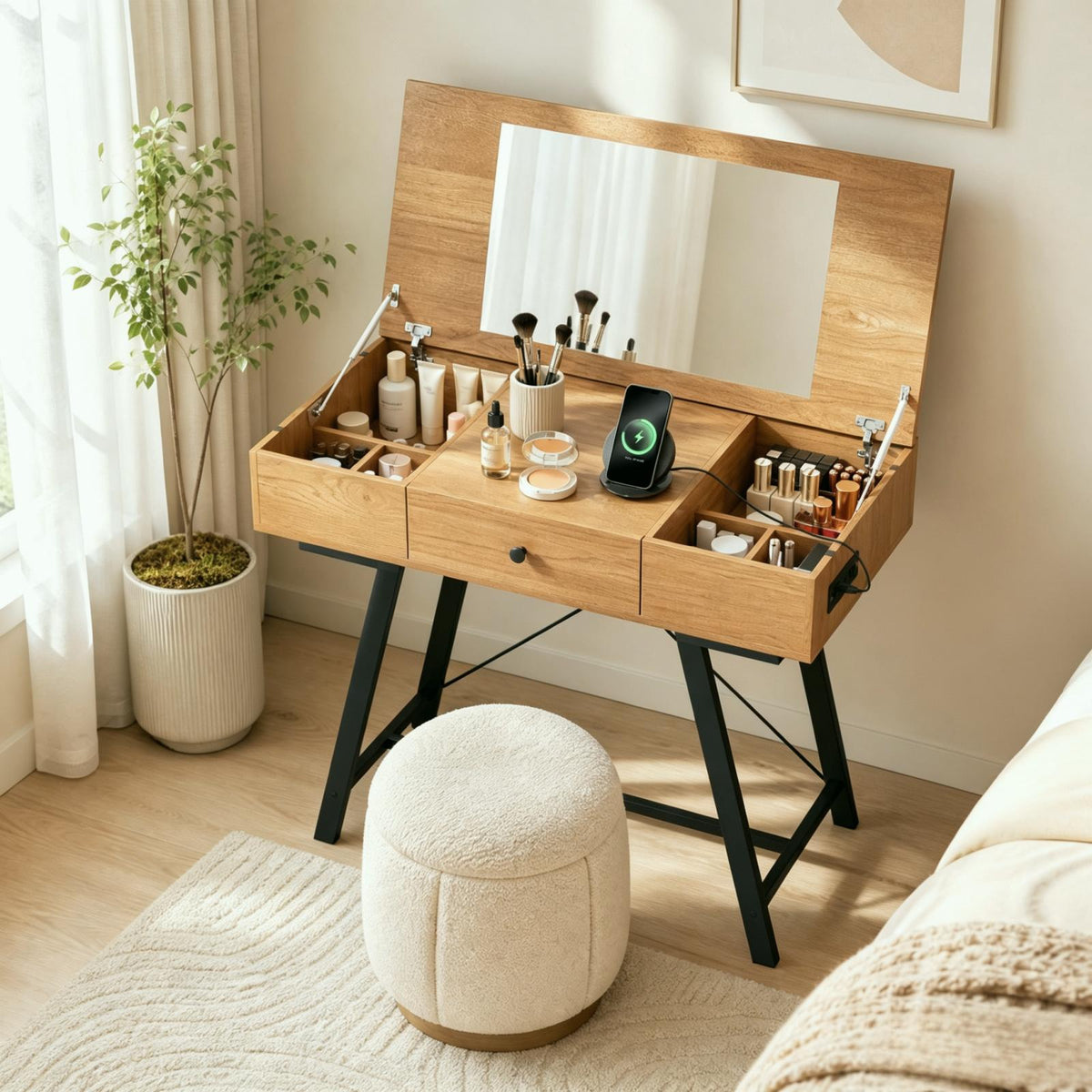 ELLEGNT 38 Inch Wooden Vanity Desk with Lift Up Mirror, Drawer, Power Outlets, Black Rustic Brown