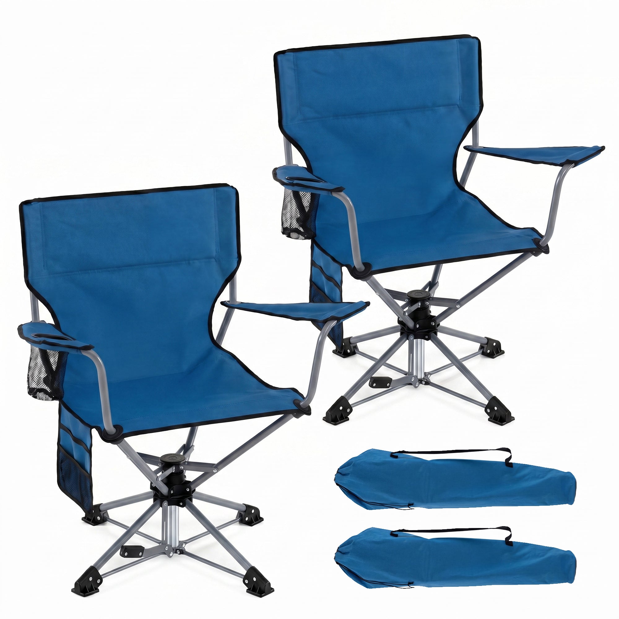 ELLEGNT 2 PCS Goplus 360¡ã Swivel Hunting Chair-Folding Outdoor Seat with Cup Holder, Storage Pockets, and Cozy Backrest, Blue