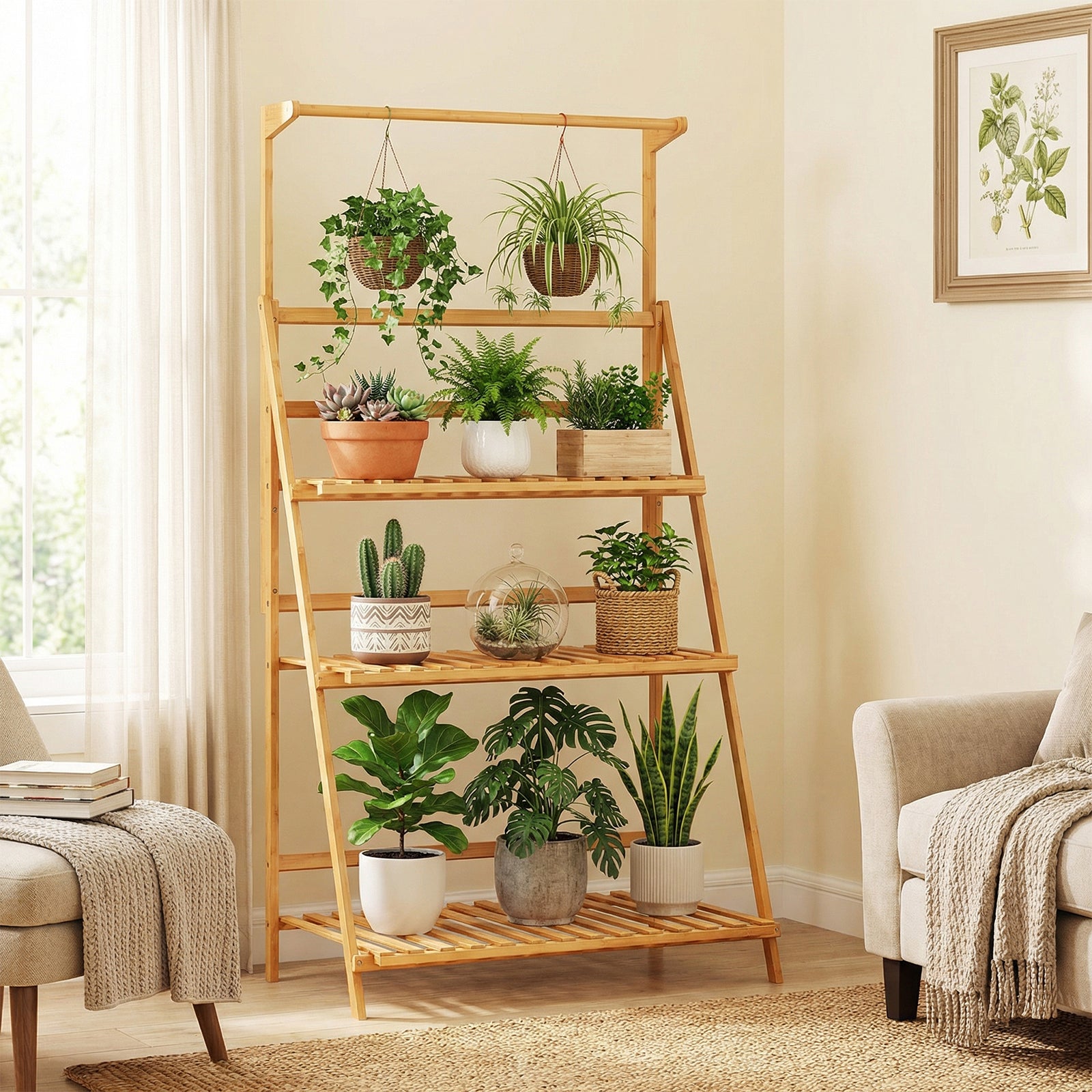 ELLEGNT Adjustable Hanging Plant Stand-3-Tier Folding Flower Shelf with Height-Adjustable Rod