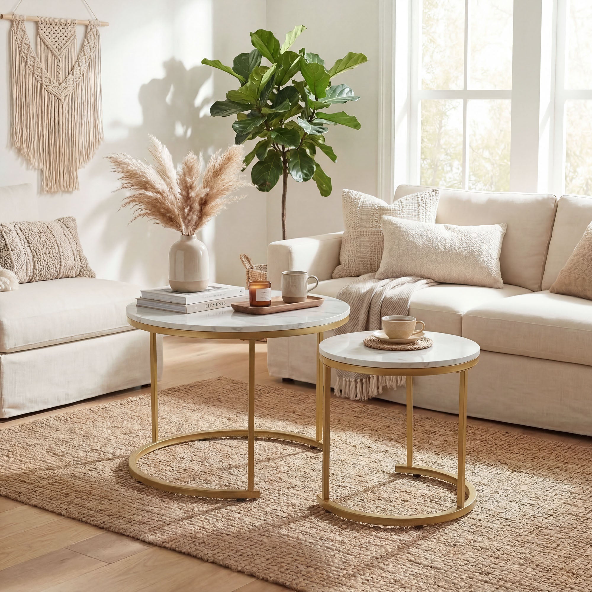ELLEGNT Nesting Coffee Table Set of 2-Modern Round Side Tables for Living Room or Balcony White