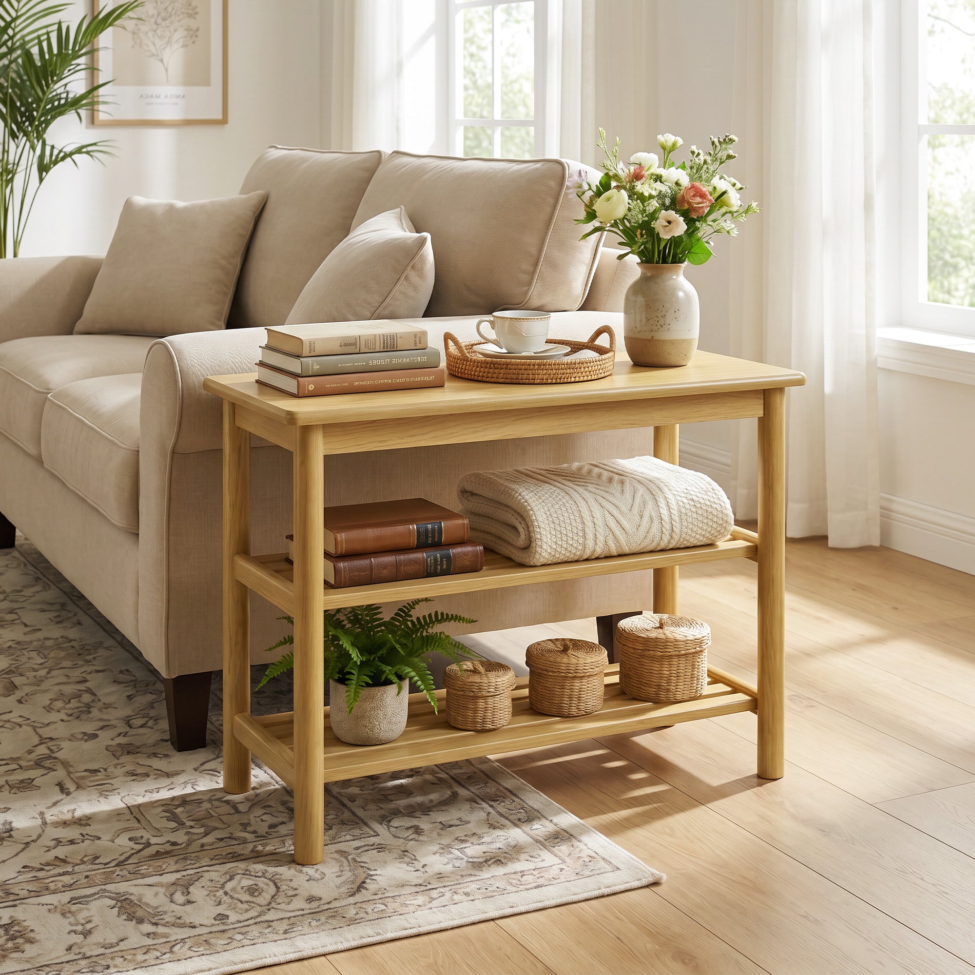 ELLEGNT Rubberwood Shoe Rack Bench-3-Tier Freestanding Changing Bench with Slat Shelves