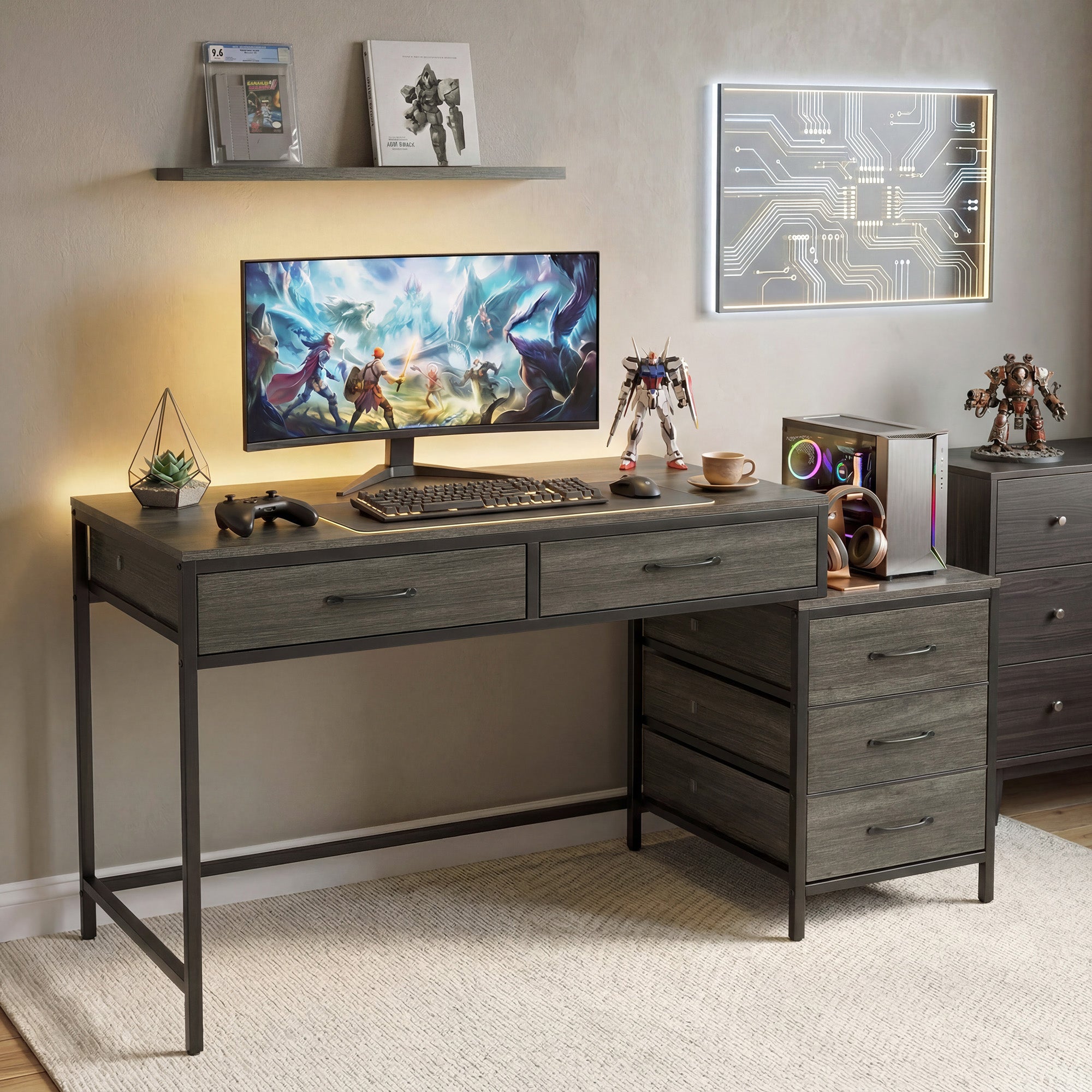 ELLEGNT Home Office Desk with 5 Drawers-51 Inch, Reversible Drawer Design, Oak