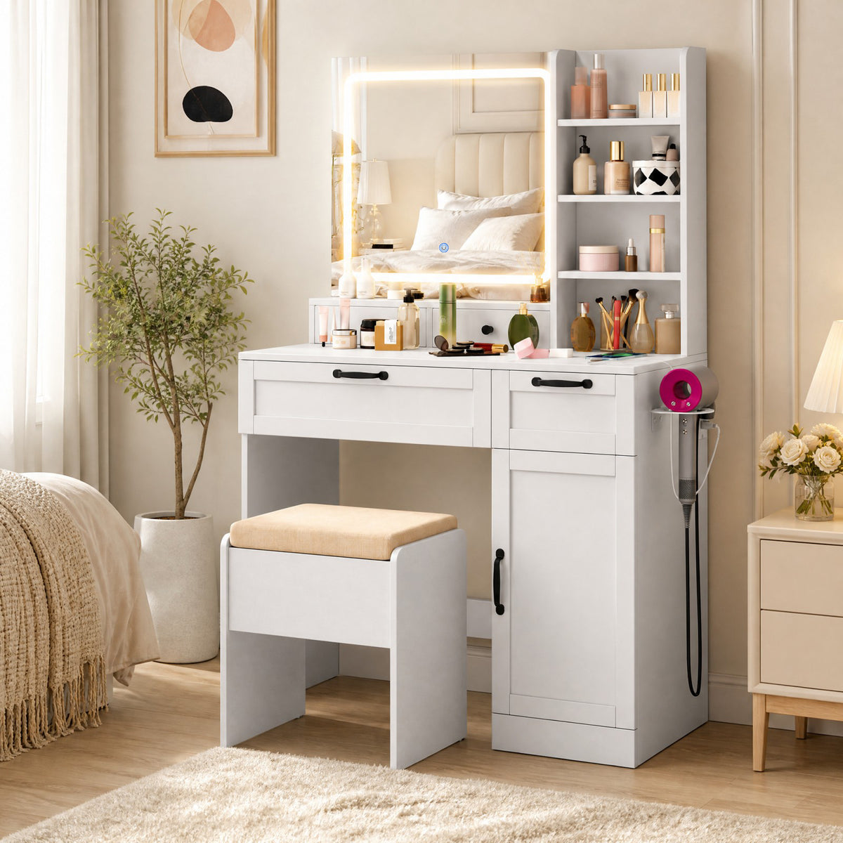 ELLEGNT White Makeup Vanity Table with Lighted Mirror, Charging Station, Stool, Cabinet