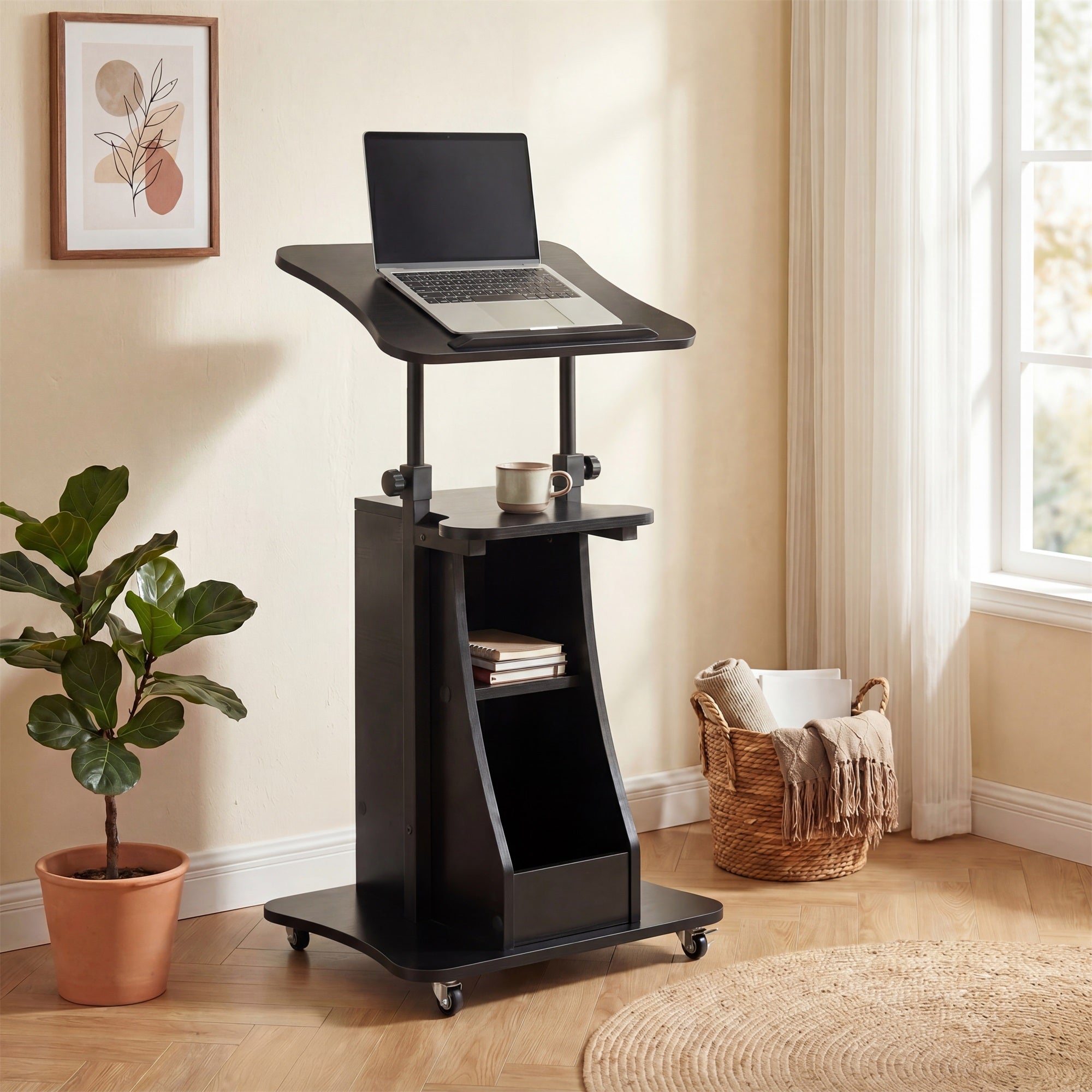 ELLEGNT Height Adjustable Rolling Lectern-Mobile Laptop Cart with Storage Compartments, Lockable Casters, Black