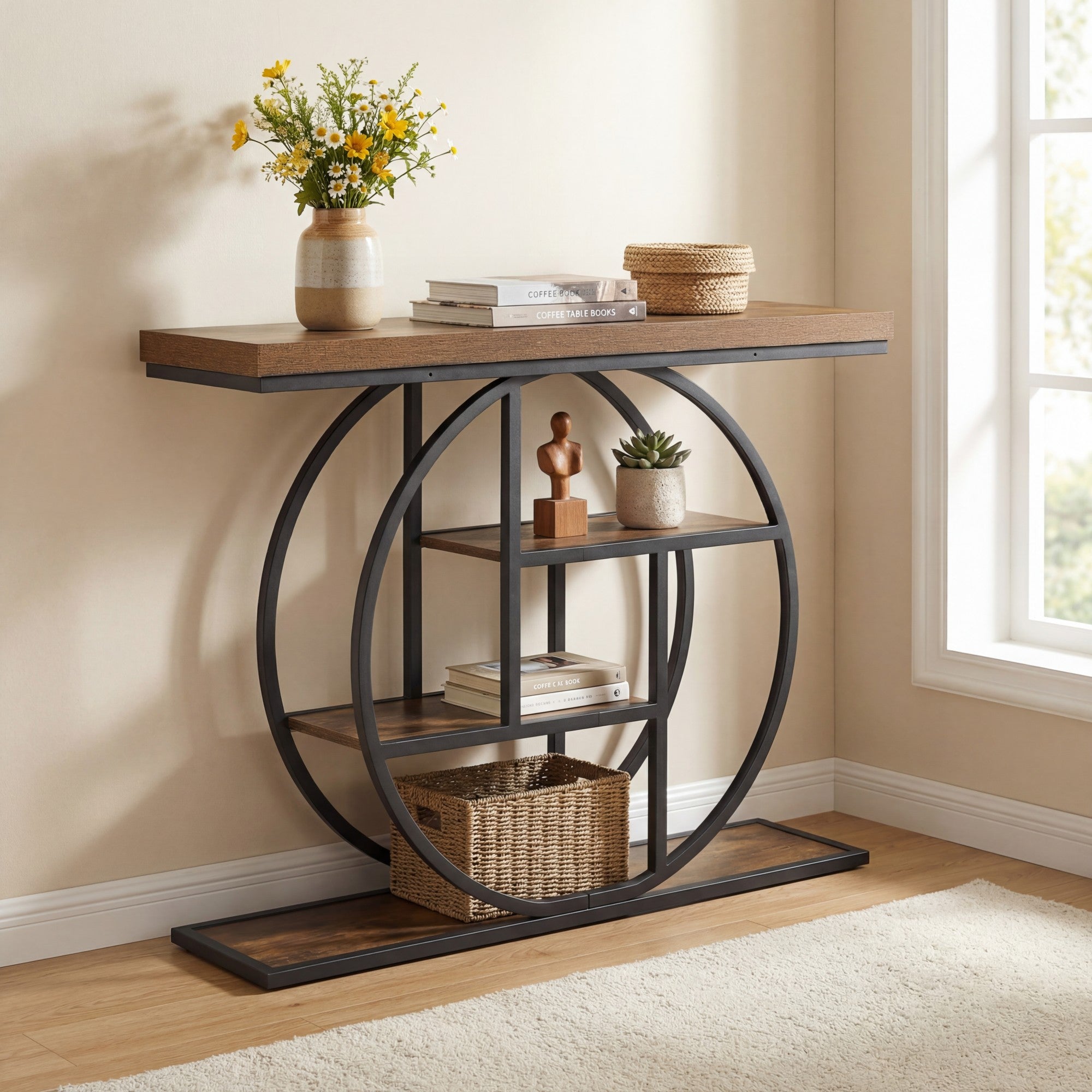 ELLEGNT 41 in Narrow 4-Tier Console Table-Wooden Entryway Sofa Table with Storage Shelves, Rustic Brown + Black