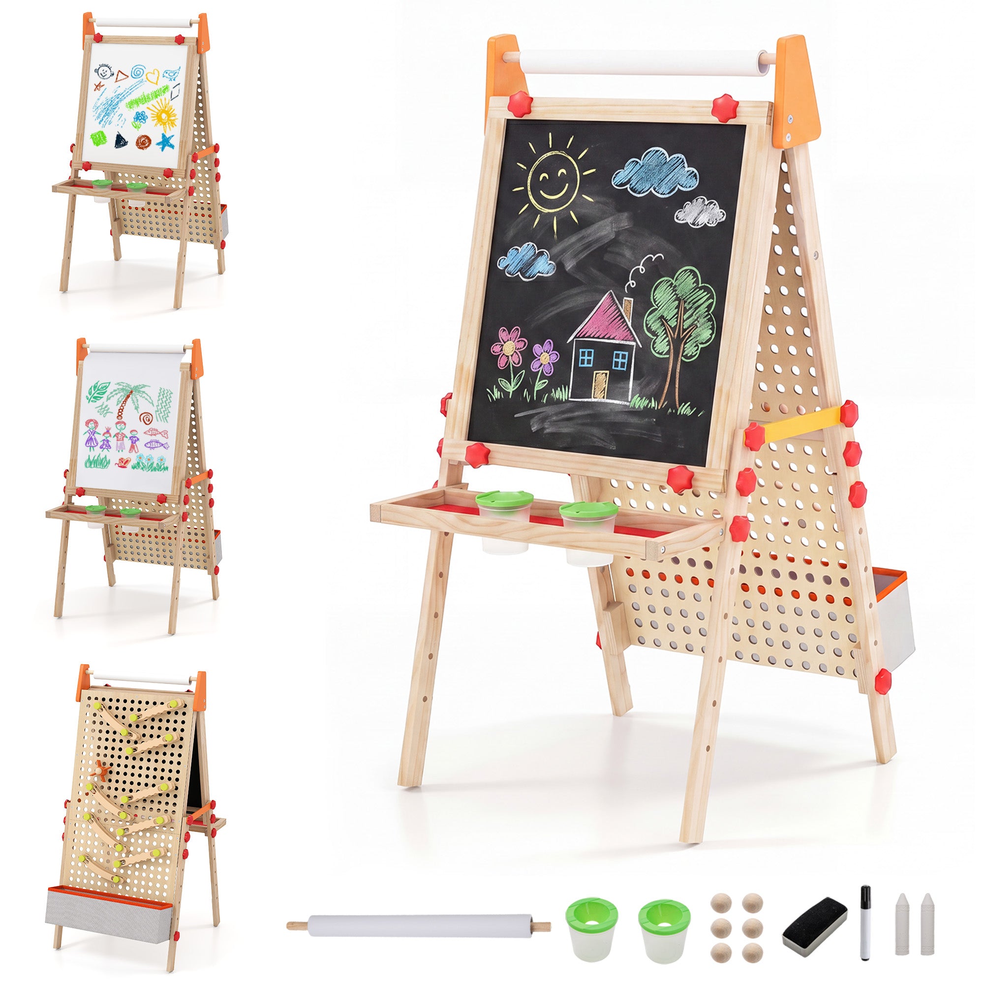 ELLEGNT Wooden Art Easel with Paper Roll Storage Tray and Marble Run-4-in-1 Kids Easel