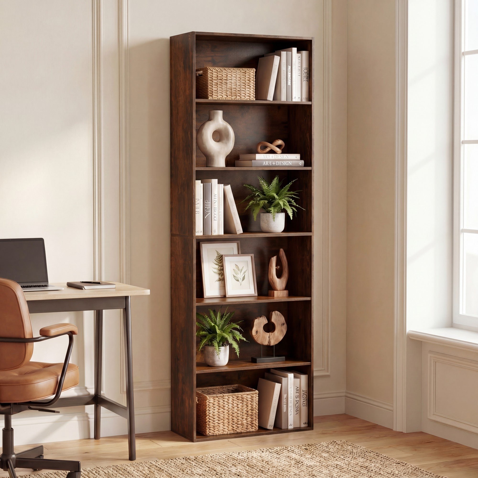 ELLEGNT 1 PCS 6-Tier Open Shelves Bookshelf with Anti-Tipping Kits- Storage Rack for Living Room, Bedroom, Study, Brown