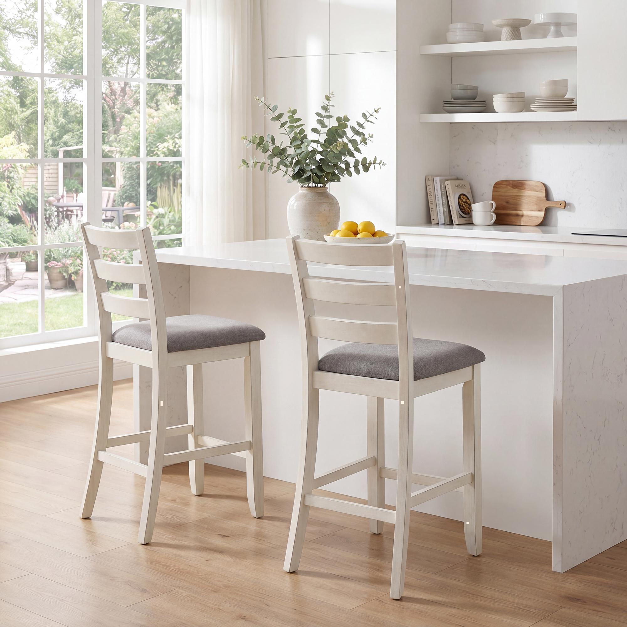ELLEGNT 2 PCS Counter Height Barstools-Rubber Wood Legs, Fabric Upholstered Seat for Home Bar or Kitchen, White + Gray