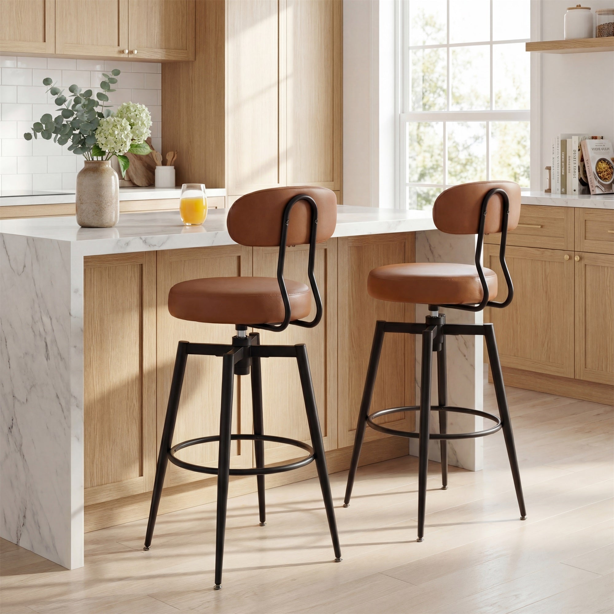 ELLEGNT 2 PCS Bar Height Swivel Stools-Faux Leather Upholstered Seat and Back, Black + Brown